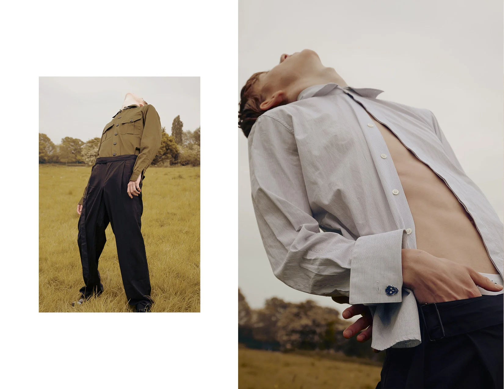 Left / Shirt & shoes Loewe , pants YANG LI and necklace Goods by Goodhood Right / Shirt Alexander McQueen and pants Comme des Garçons