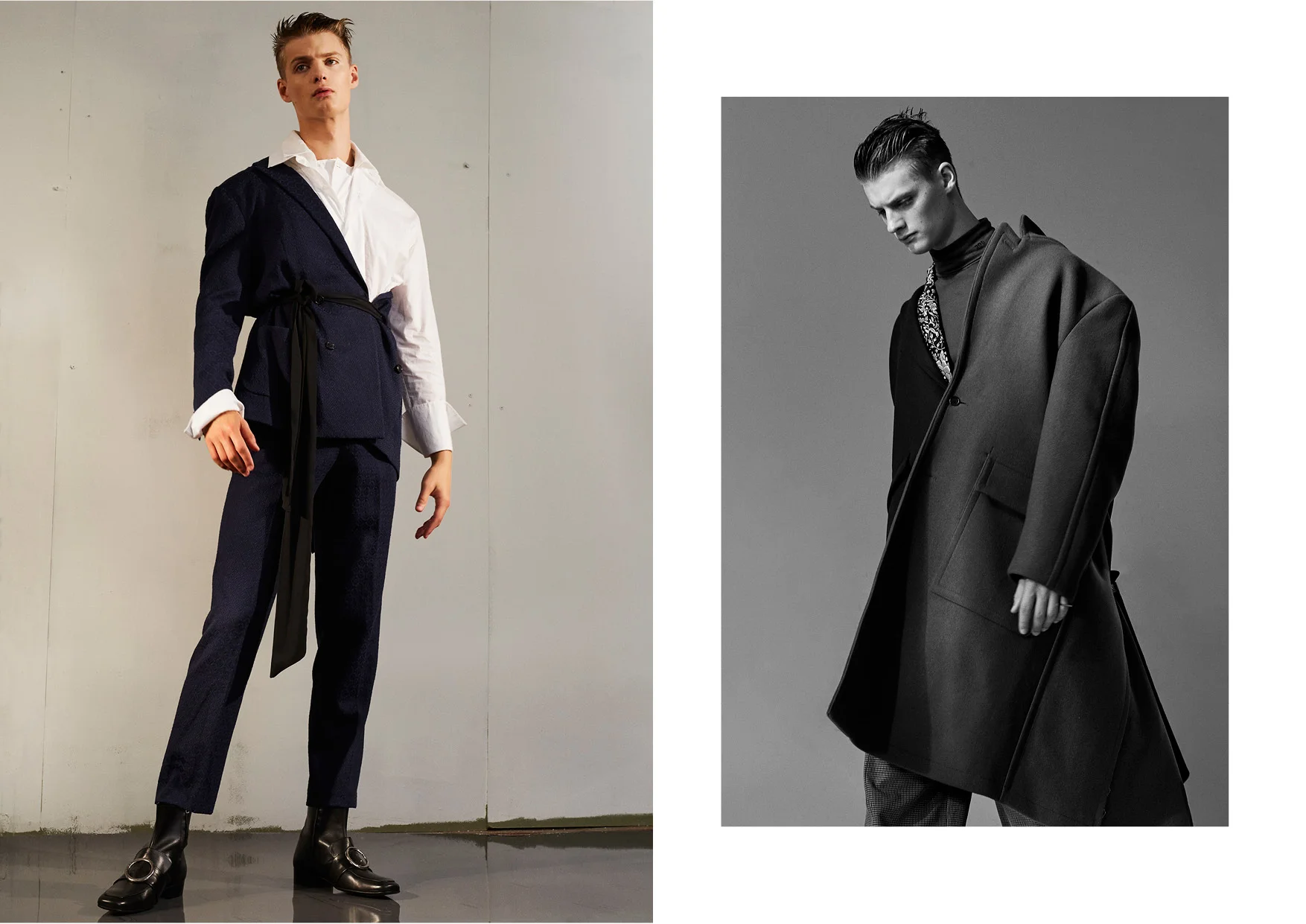 Left Suit Casley Hayford , white shirt Wooyoungmi and black boots Dorateymur Right Trousers Loewe , red suede blazer Favourbrook , ring Saint Laurent by Anthony Vaccarello and red shoes Dorateymur