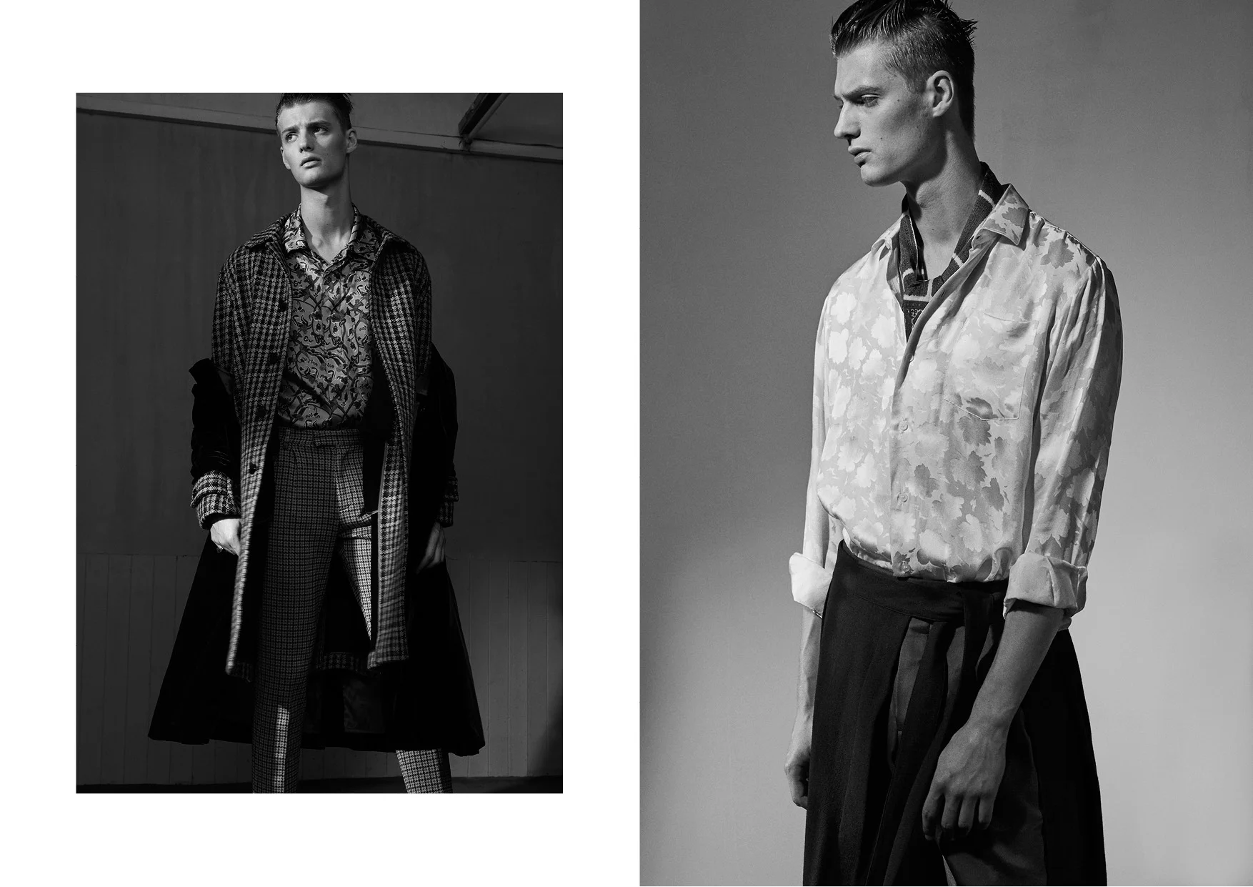 Left Floral silk shirt Gucci , blue wool coat Chalayan , brown wool coat AMI , checked wool trousers Wooyoungmi Right White vintage silk shirt and pattern slik scarf stylist's own, wrap skirt Palmer Harding , trousers Ermenegildo Zegna