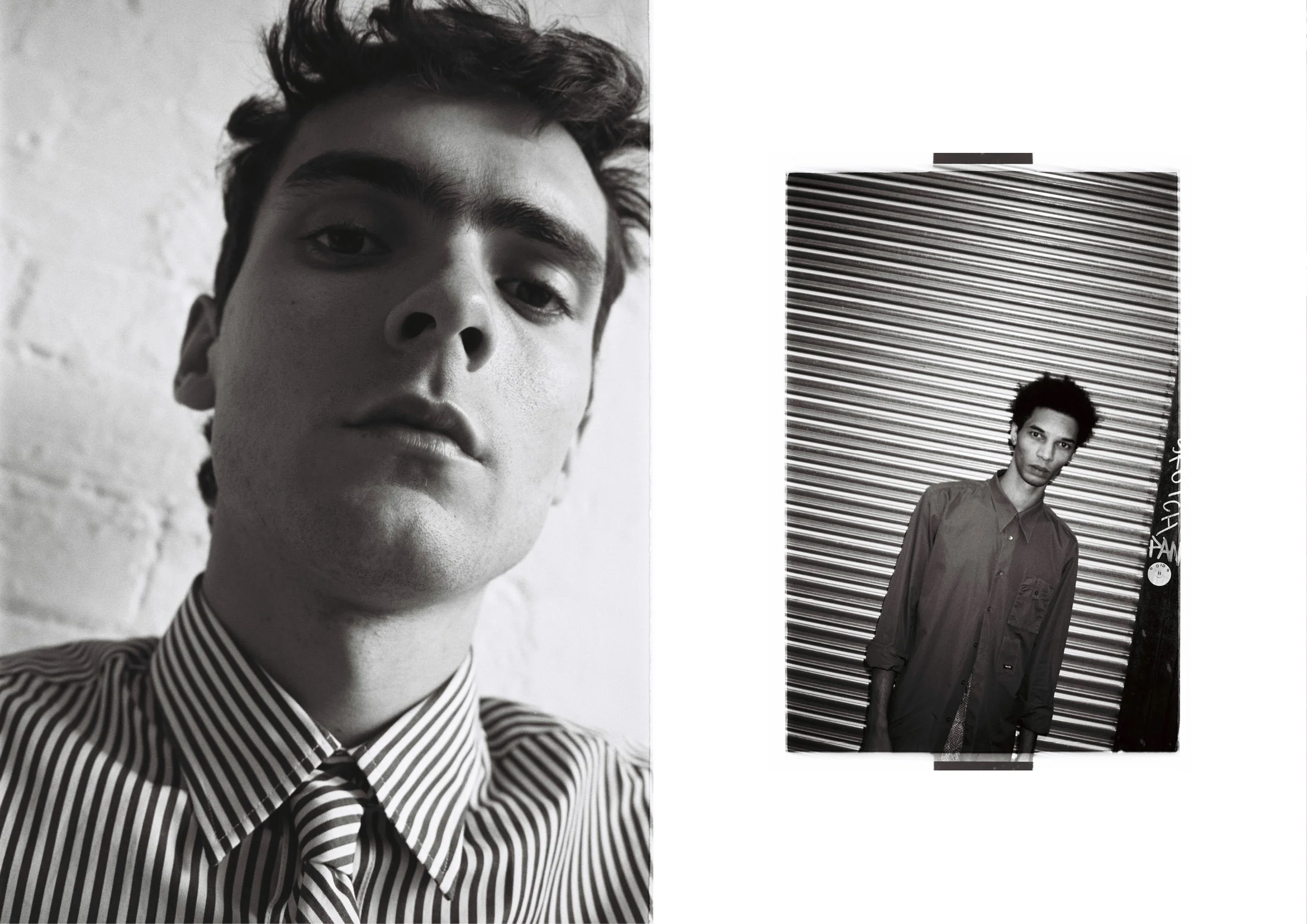 Left Shirt and tie Cmmn Swdn Right Shirt Miu Miu and trousers stylists own