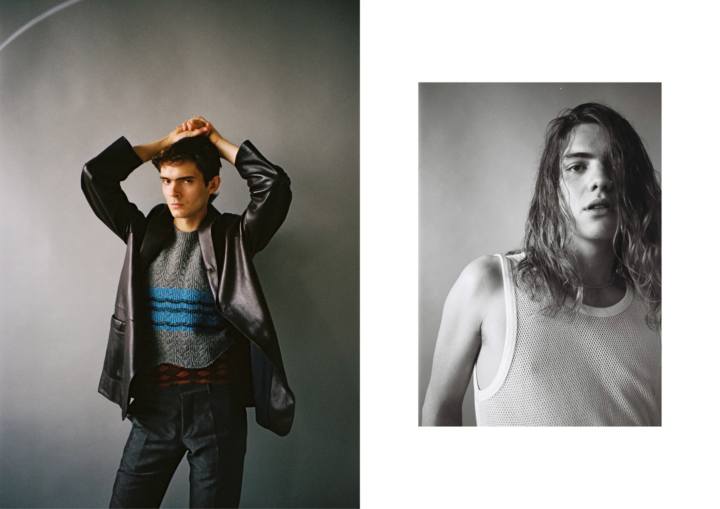 Left Jacket Costume National , knit Raf Simons and trousers Prada Right Vest Dries Van Noten and necklace Maison Margiela