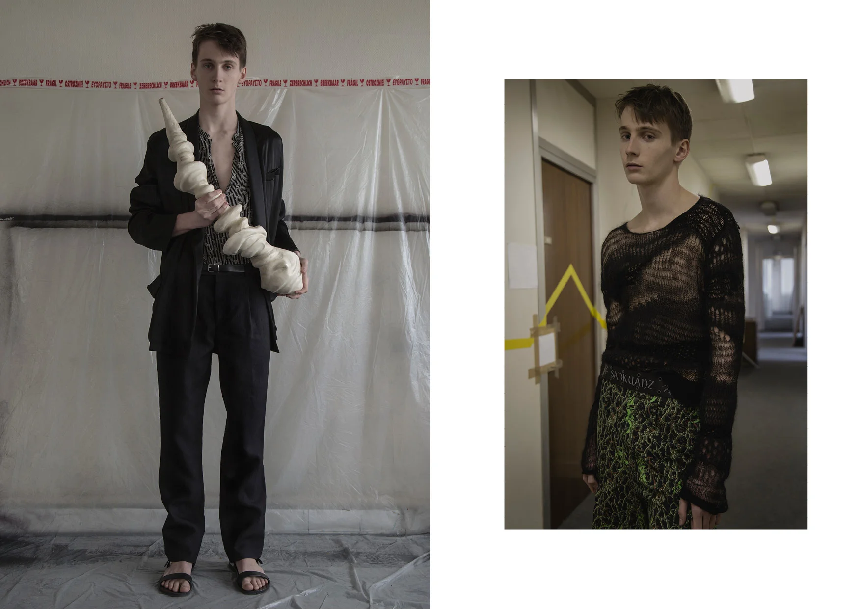 Left Total look SAINT LAURENT BY ANTHONY VACCARELLO Right Sweater SAINT LAURENT BY ANTHONY VACCARELLO , Green Camo Pants and Belt SANKUANZ