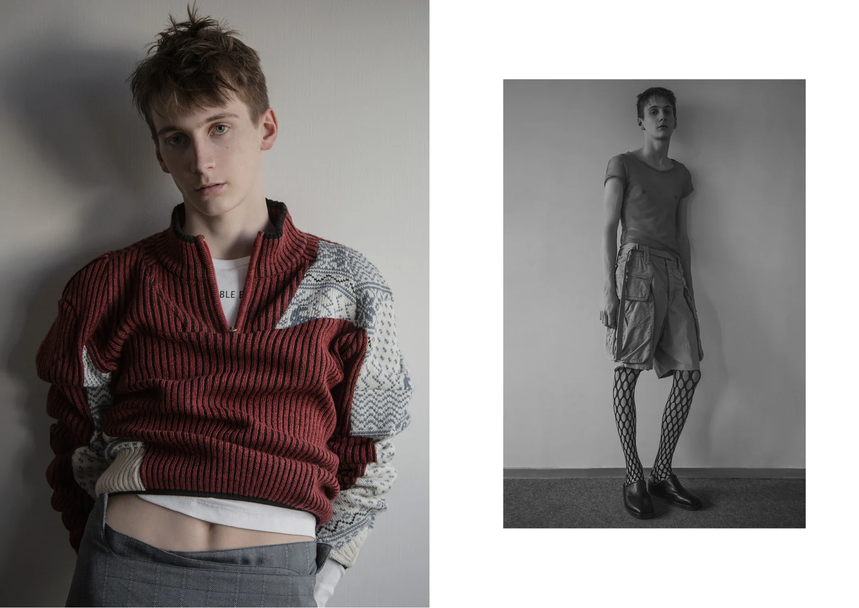 Right White Top JUUN.J , Reworked Vintage Pull GmBH , Flannel Apron Pants AND RE WALKER Left Beige Shorts SACAI , Peach Top and Black Leather Shoes ANN DEMEULEMEESTER , Tights EMILIO CAVALLINI