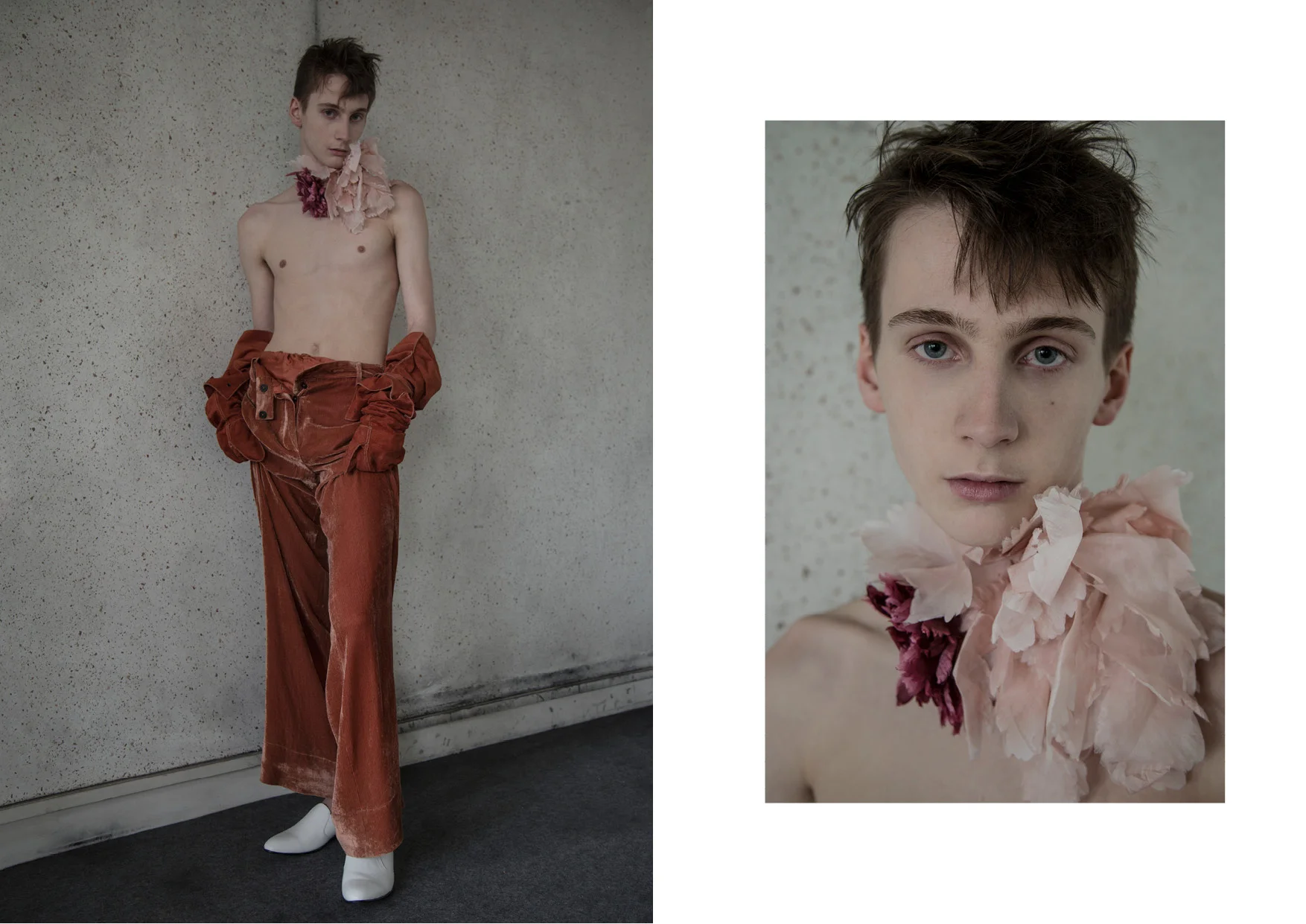 Peach Trousers and Rose Brooch ANN DEMEULEMEESTER , Gloves , AGNELLE , Leather White Loafers JUUN. J