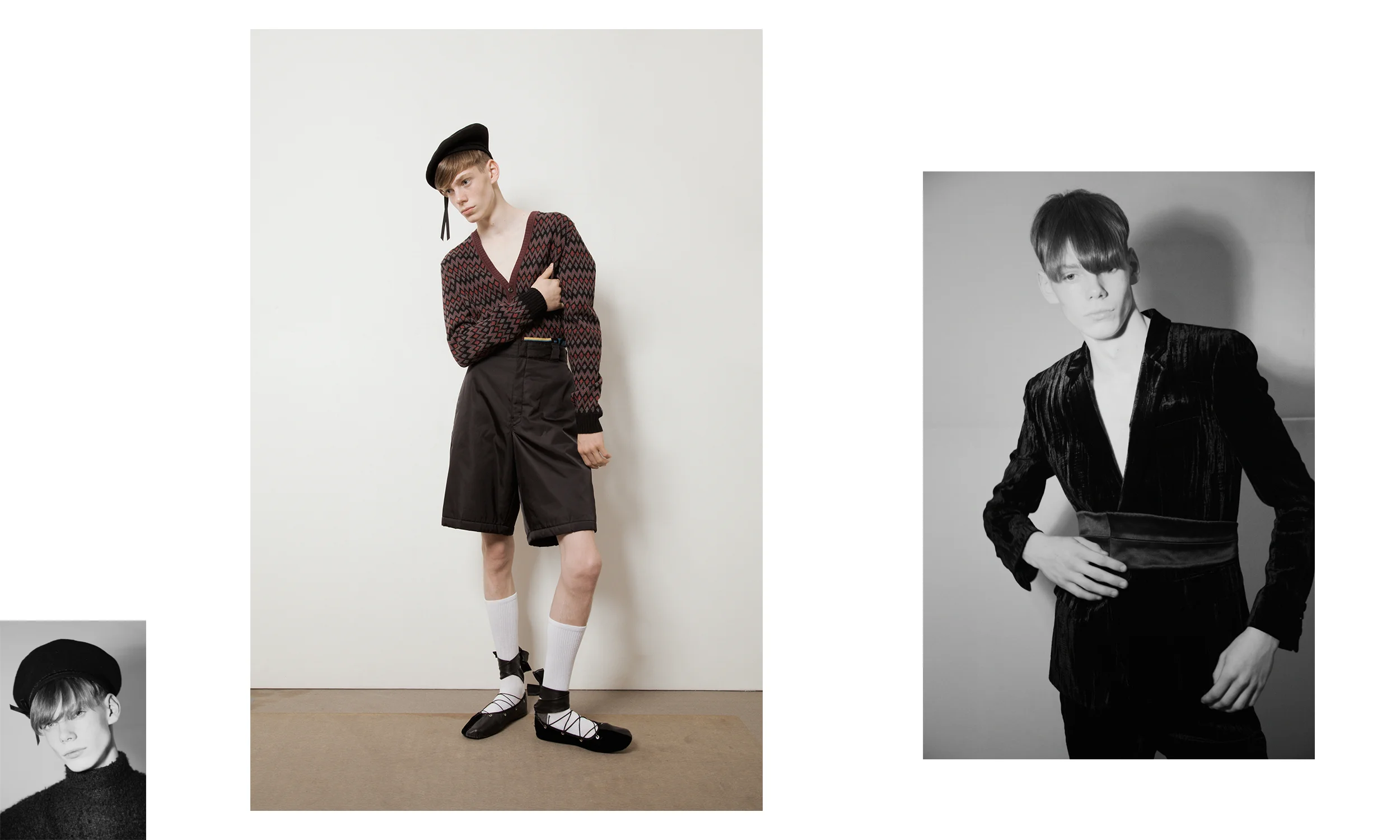 Left to Right Top Aaizel and Beret Sonia Rykiel Sweater & Shorts Prada Shoes Ludovic de Saint Sernin, Socks Falke and Beret Sonia Rykiel Blazer Saint Laurent, Trousers Saint Laurent by Anthony Vaccarello and Cummerbund Stylist’s Archive 