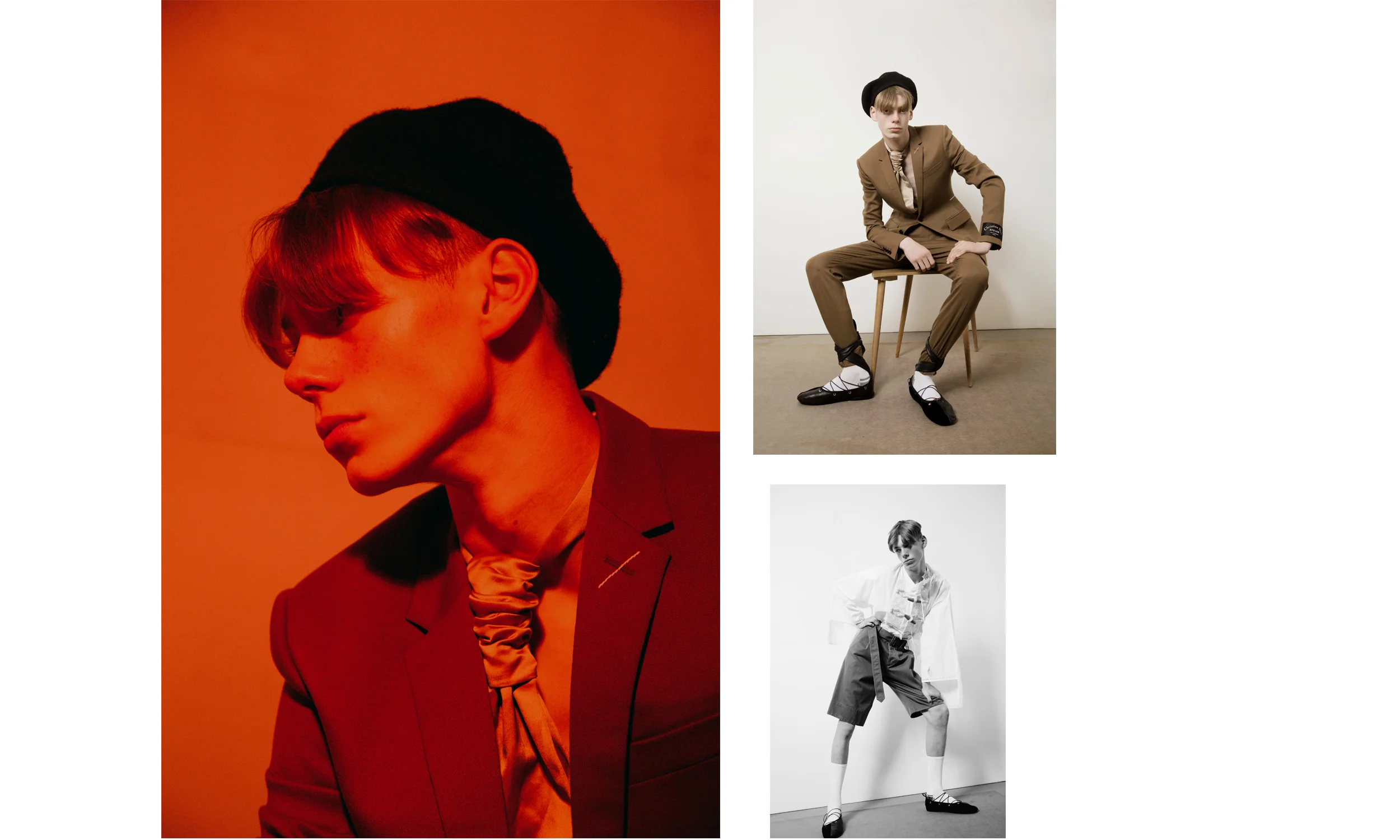 Left and right (up) Blazer Dior Homme, Tie and Beret Stylist’s Archive Right (down) Top & shorts JW ANDERSON, Shoes Ludovic de Saint Sernin, socks Falke