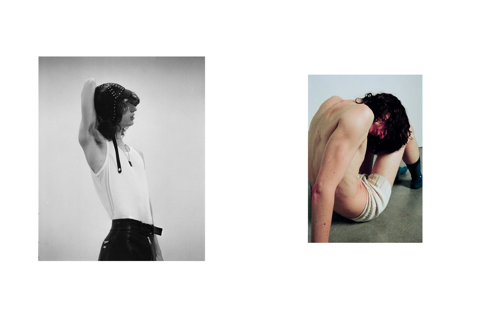 Left Vest Maison Margiela, pants MSGM and hat Loewe Right Shorts Ludovic de Saint Sernin