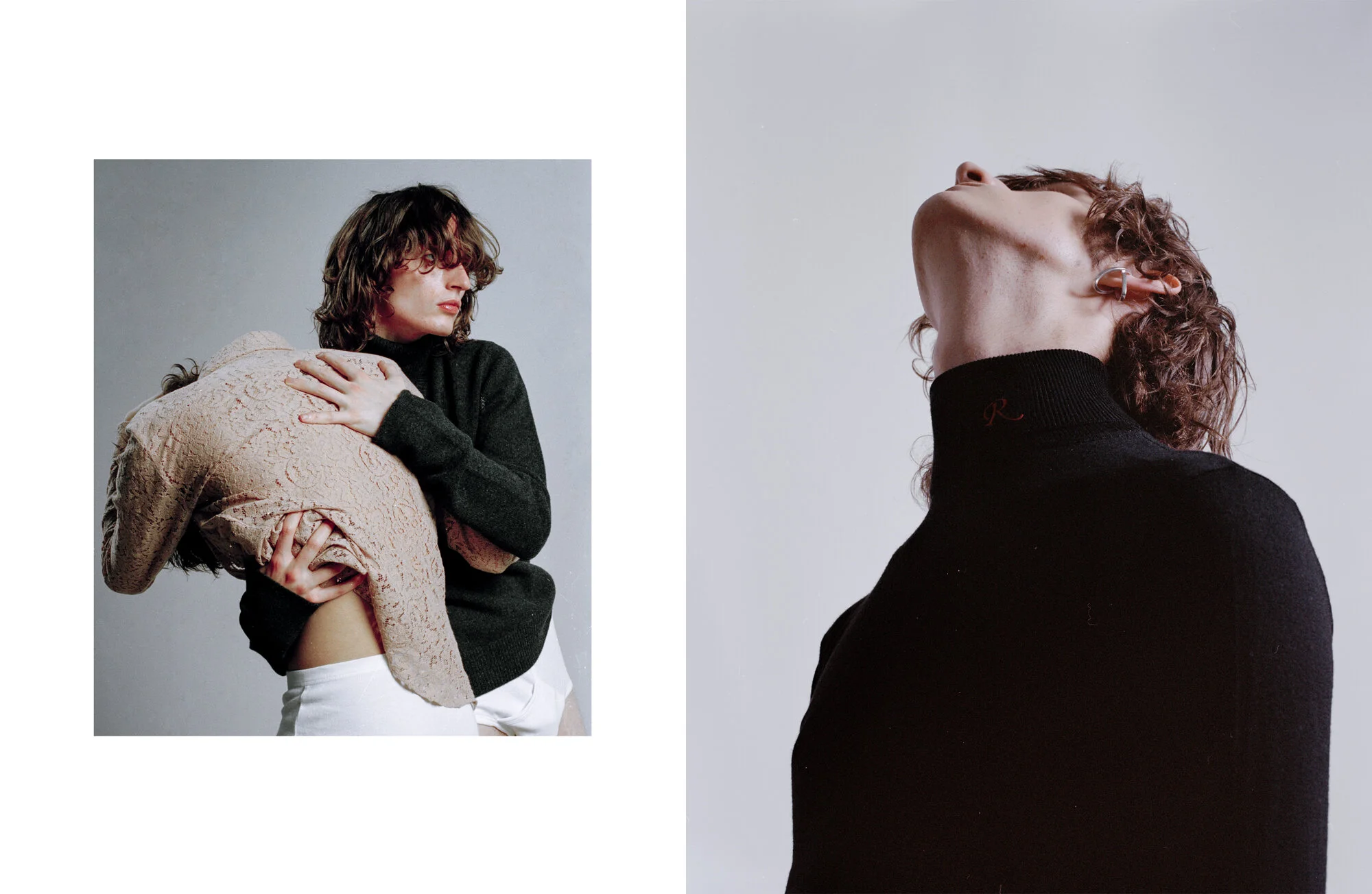 Left Shirt N°21 and knitwear Bottega Veneta Right Top Raf Simons Archive and earrings Alan Crocetti