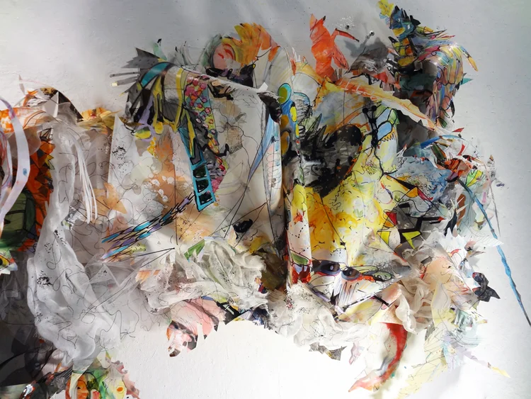 residue painting #1 Detail / Acylic, ink, thread, fabric and glitter on drafting film on wood structure / 24” x 10” x 48” / 2012
