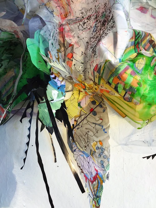 residue painting #2 Detail / Acrylic, ink, thread, fabric and glitter on drafting film on wood structure / 24” x10” x 48” / 2012