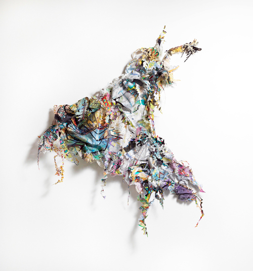 hop skip jump Acrylic, ink, fabric, thread, metal and glitter on drafting film, on wood structure / 74" x 58" x 8" / 2012