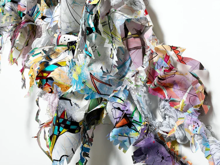 hop skip jump Detail / Acrylic, ink, fabric, thread, metal and glitter on drafting film, on wood structure / 74" x 58" x 8" / 2012