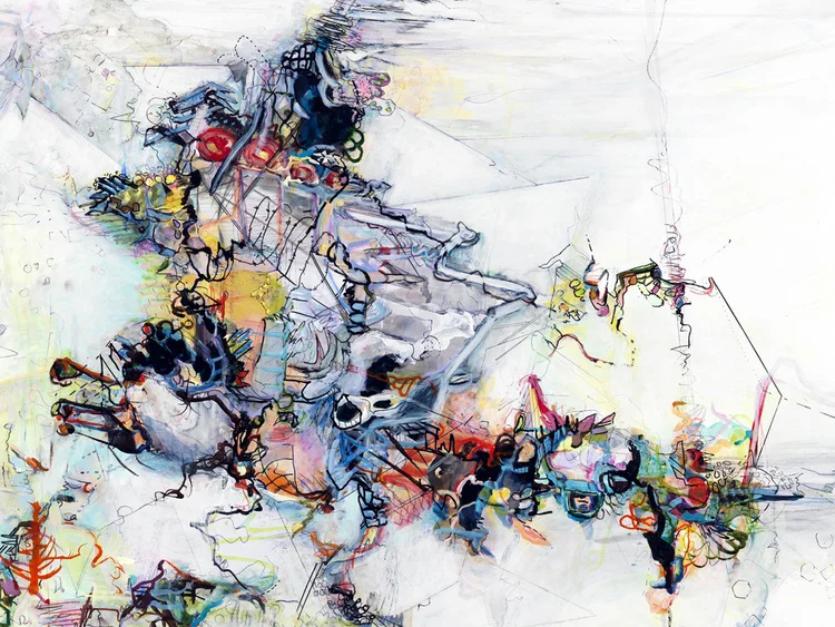 when the bough breaks Detail / Acrylic, ink, colored pencil on canvas on board / 42" x 43" / 2008