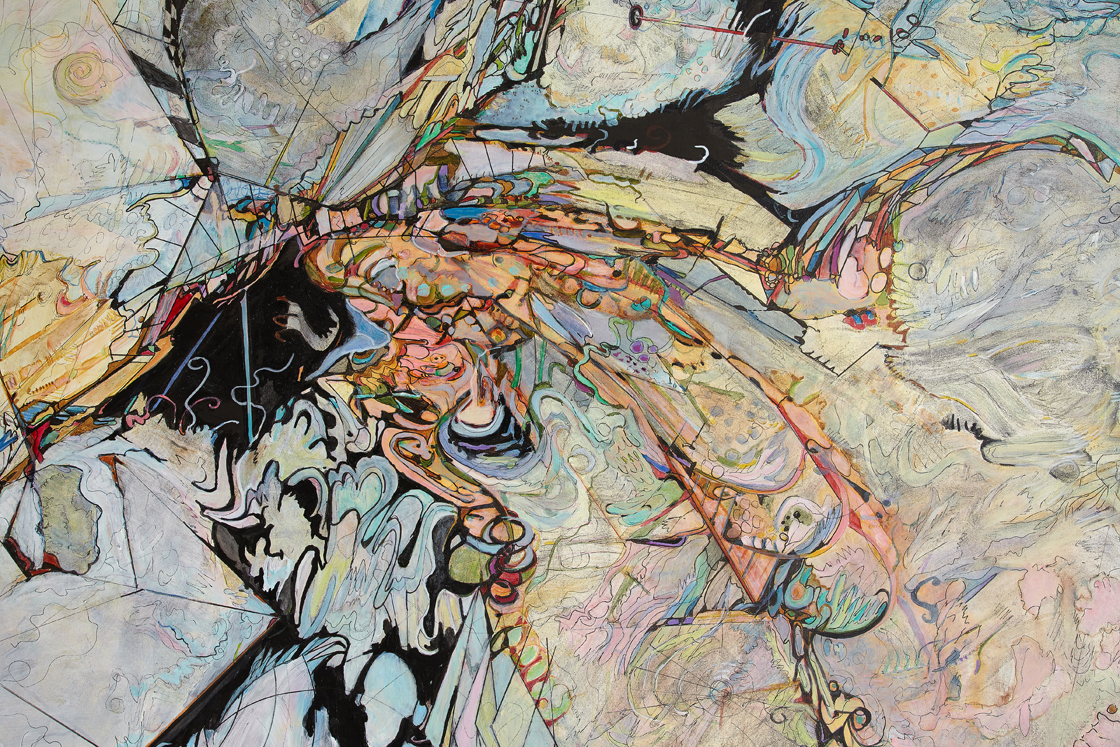 in pink feathers floating / flýtur bleikum fjöðrum Detail / Acrylic and ink on French cotton / 51 1/4 " x 45 1/4" ( 130 x 115 cm) / 2018
