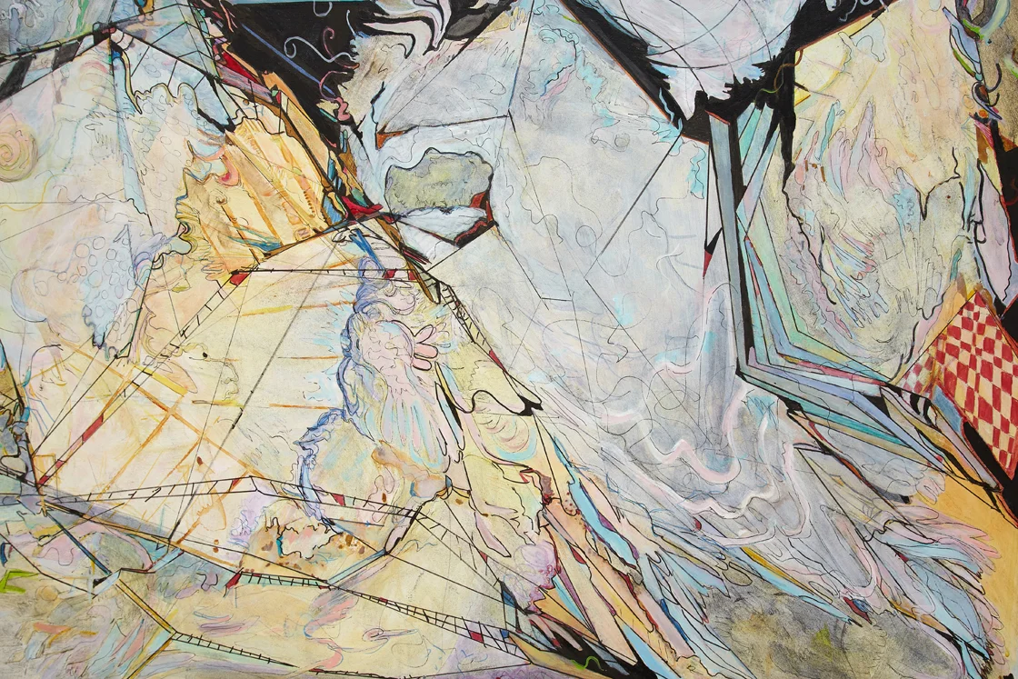 in pink feathers floating / flýtur bleikum fjöðrum Detail / Acrylic and ink on French cotton / 51 1/4 " x 45 1/4" ( 130 x 115 cm) / 2018