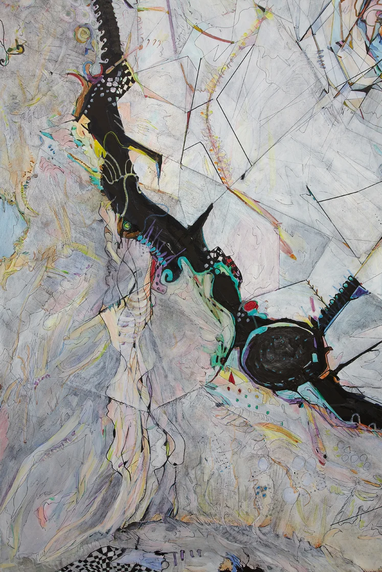 she ( the plover) sang dirrindí / hún söng dirrindí Detail / Acrylic and ink on French cotton / 51 1/4" x 39.5" ( 130 x 100 cm) / 2018