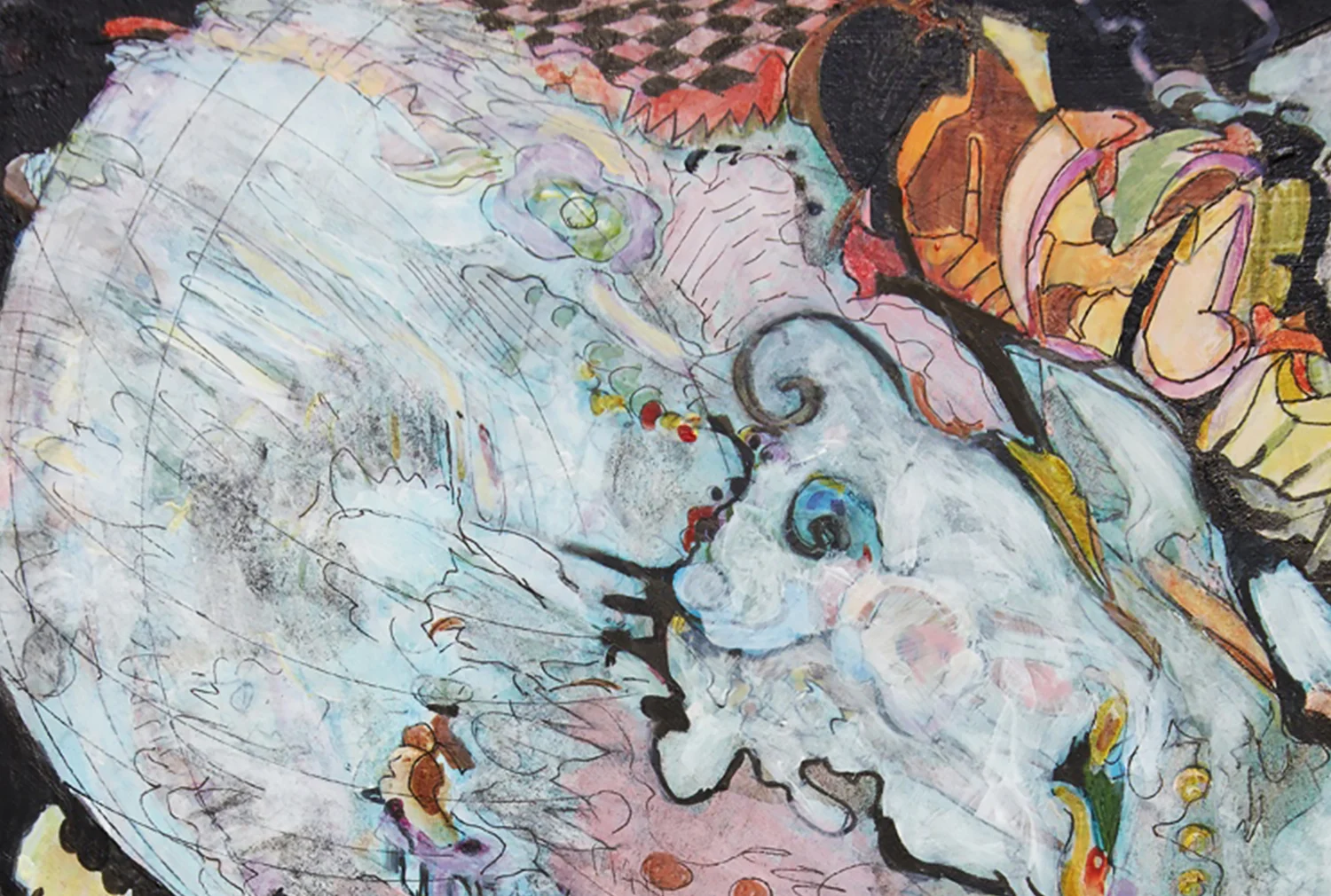 twilight picnic / dúkað á dimmum sandi / Detail / Acrylic and ink on French cotton