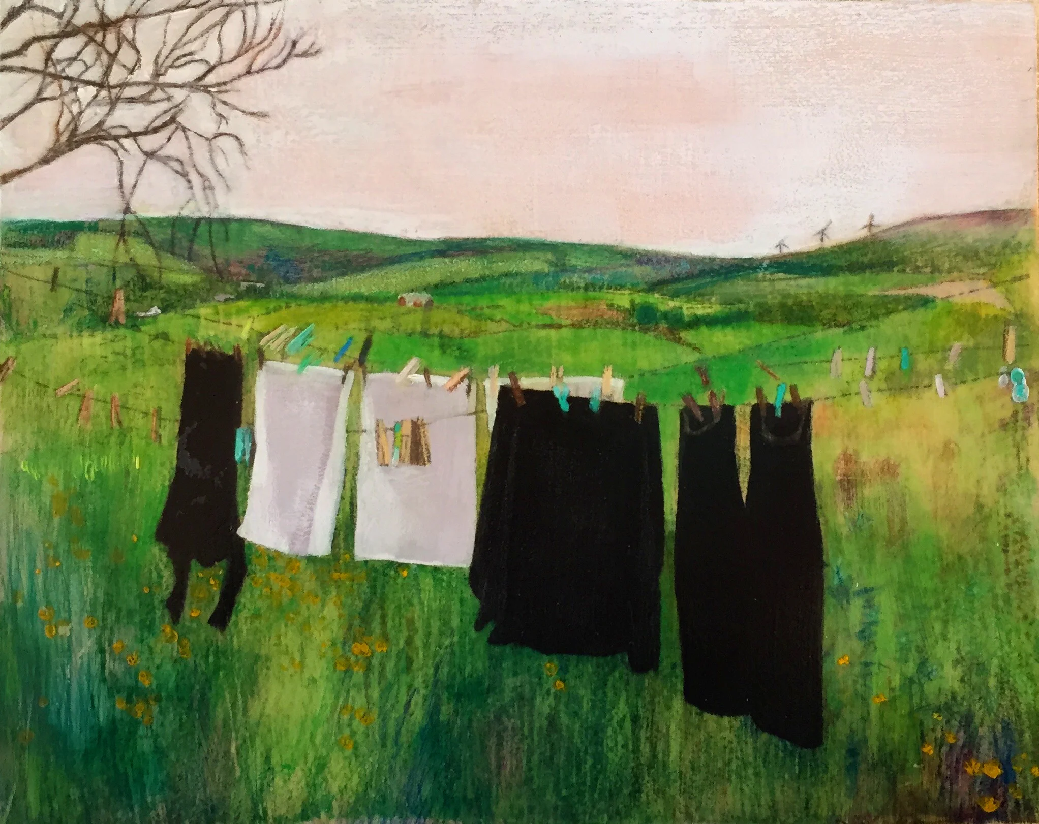 Clothesline 10”x8” Mixed Media on Wood Panel