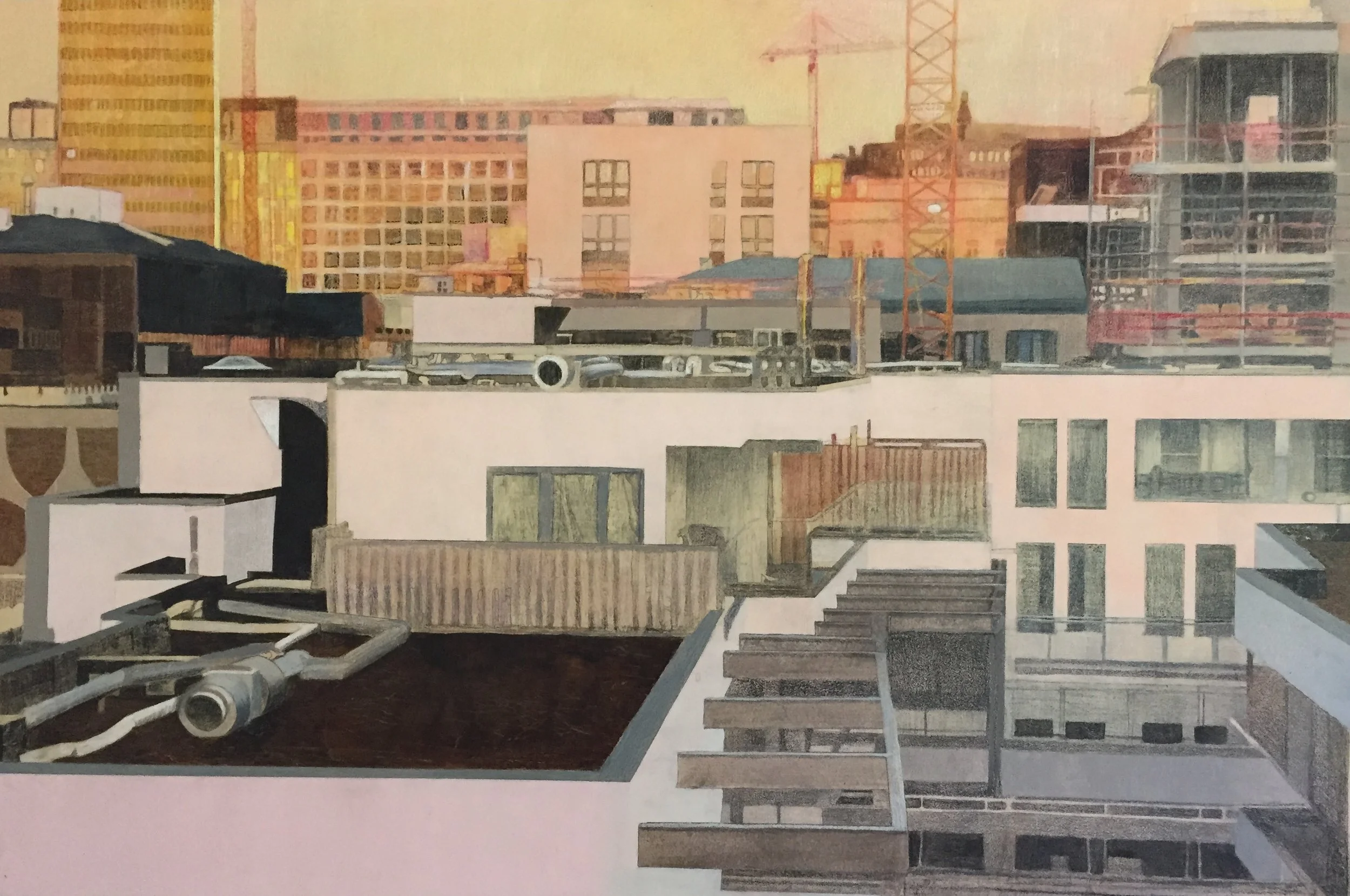 Brussels Cityscape 36” x 24” Mixed Media on Wood Panel