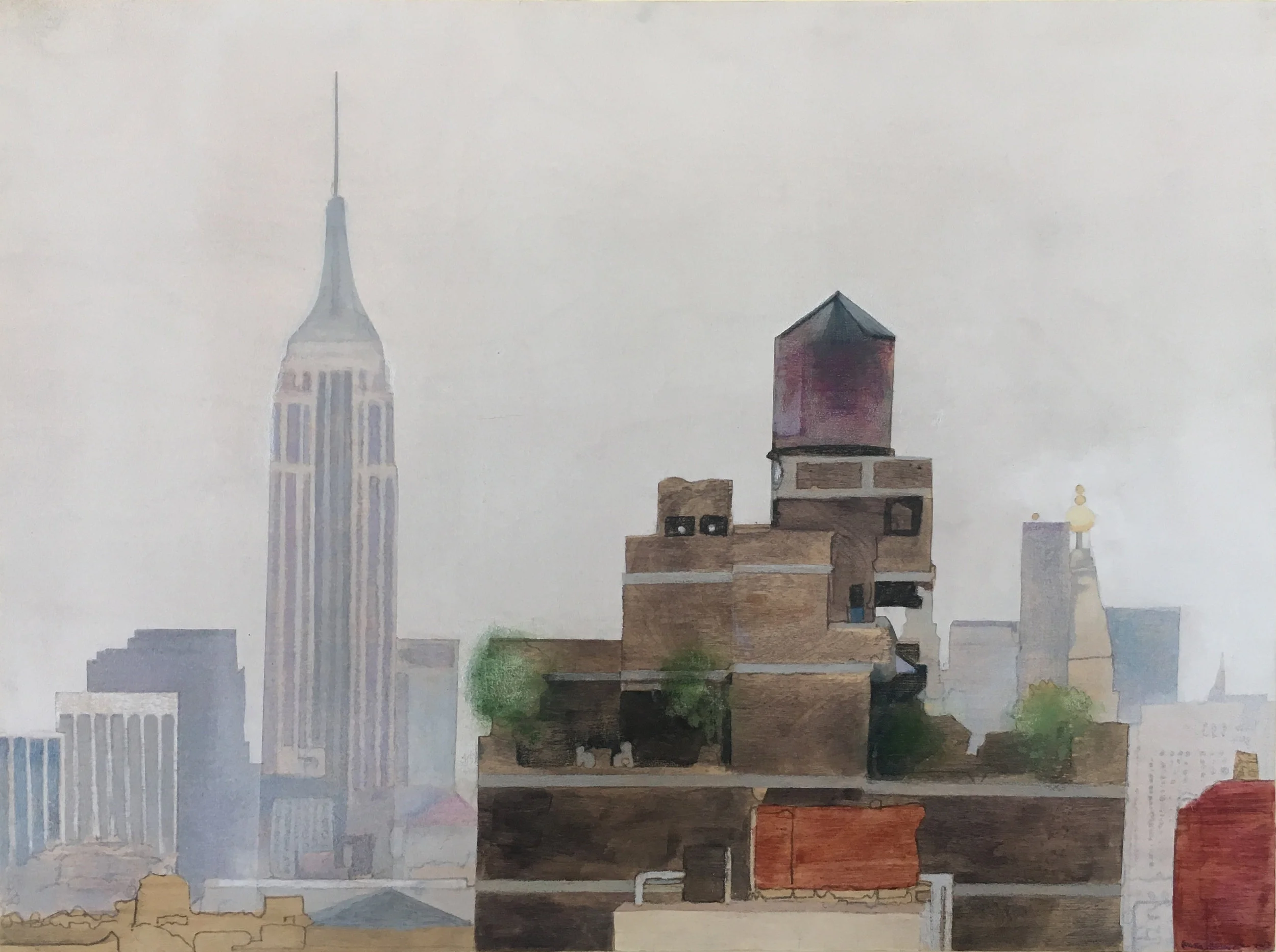 Water Tower 24” x 18” Mixed Media on Wood Panel.