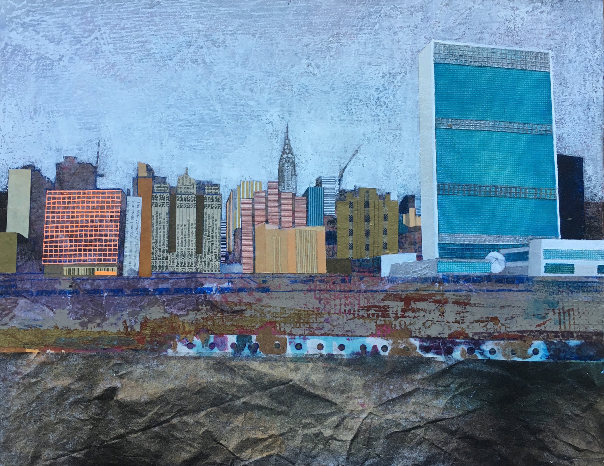   East River        11”x 14” Mixed Media on Wood Panel. 