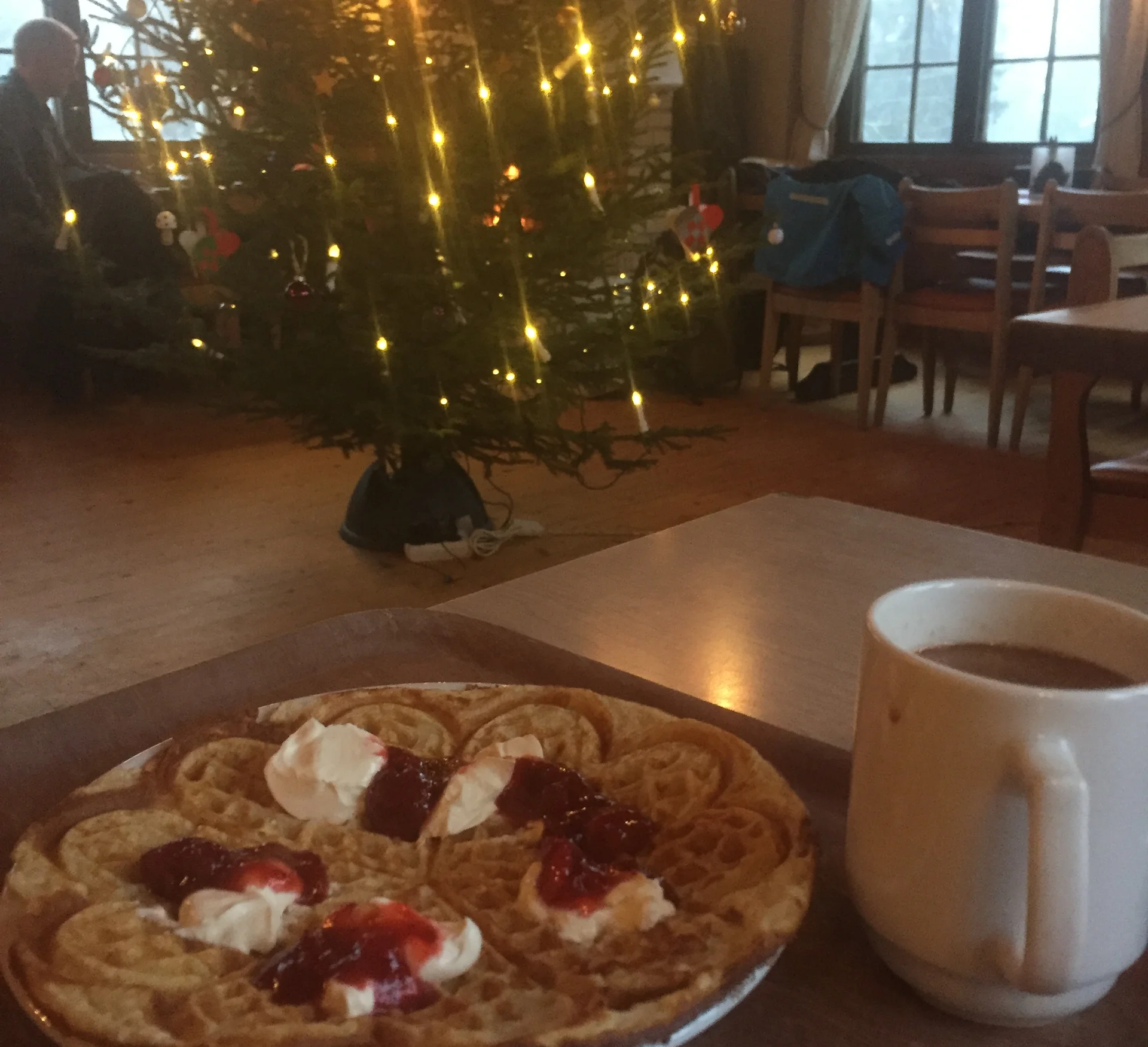 Juletreet på Sinoberhytta er en hyggelig overraskelse. Vaflene og kakaoen smaker ekstra godt når jeg har slitt for det. 
