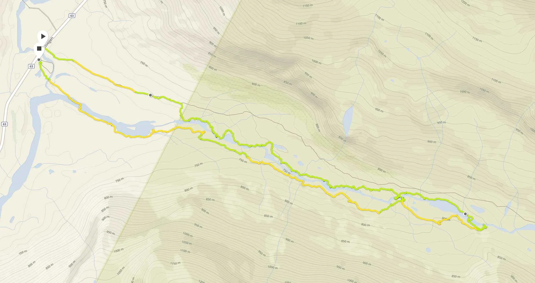 Her ser du stien på nordsiden av elva og ruta jeg gikk. Klikk for større bilde.