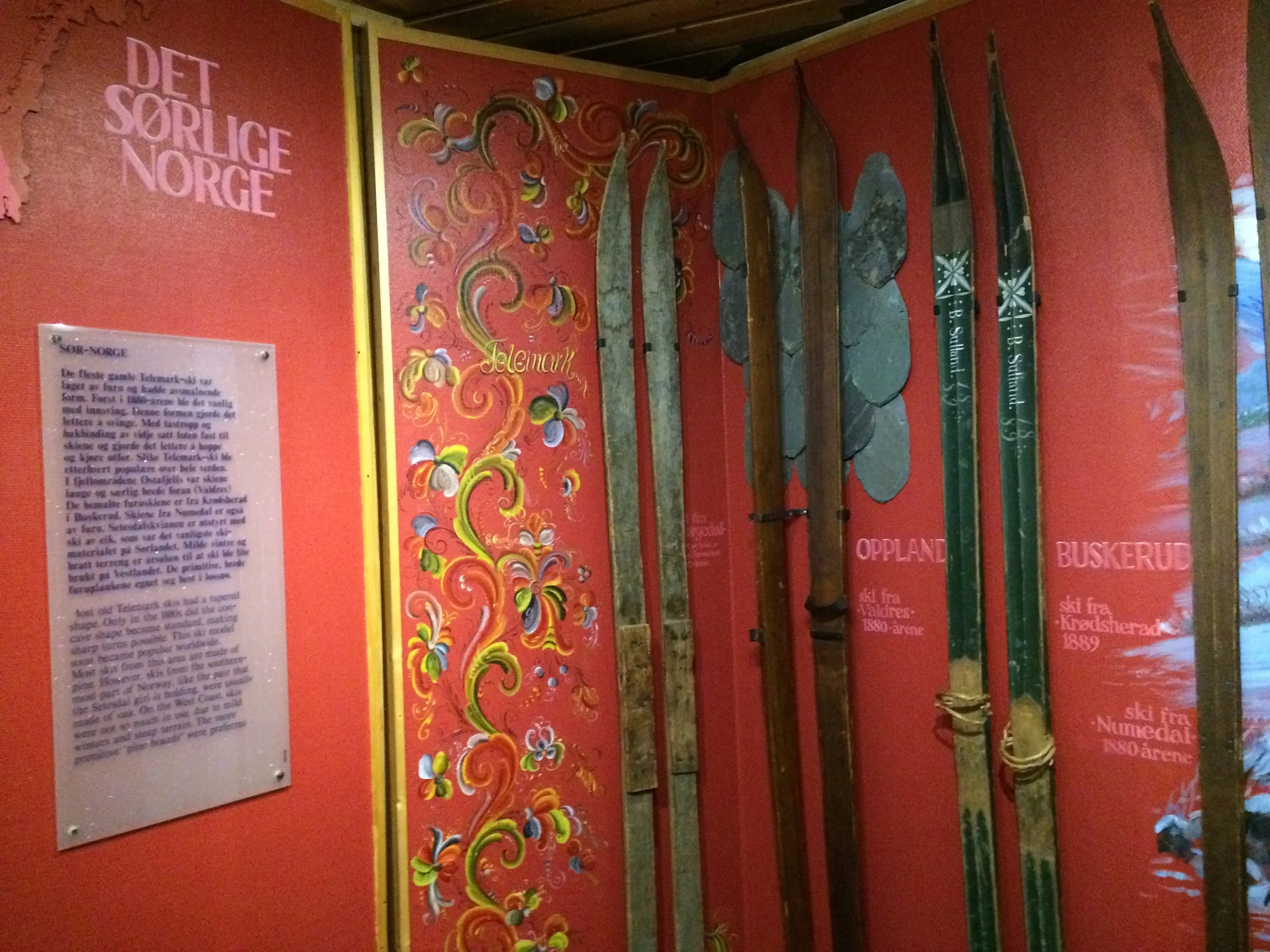 Vintage skis and rosemaling