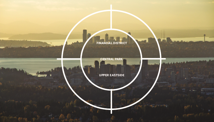 THE MANHATTANIZATION OF SEATTLE – The high-density areas of central Puget Sound are truly limited to downtown Seattle and downtown Bellevue, which combined share a similar footprint to the island of Manhattan but with much less developable land area yet surprising similarities.
