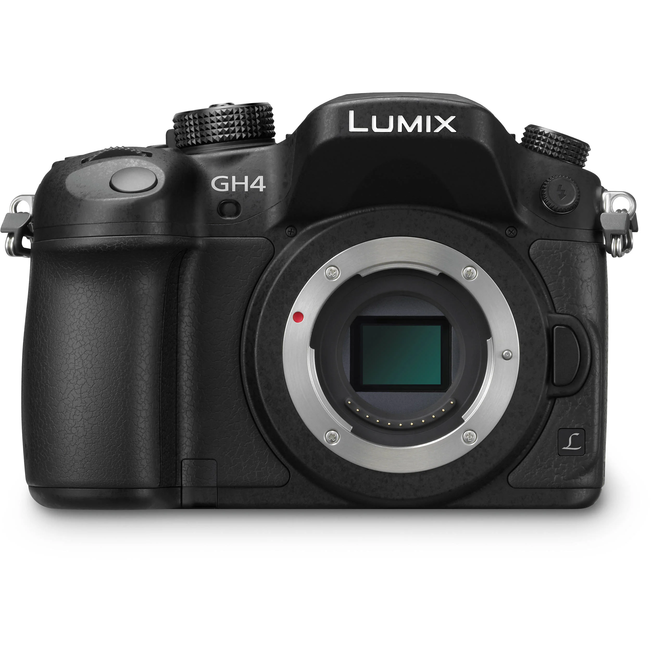The face of the GH4. Its size makes the micro 4/3 sensor look small. Also notice the presence of a proper PC sync port for studio flash at top right.