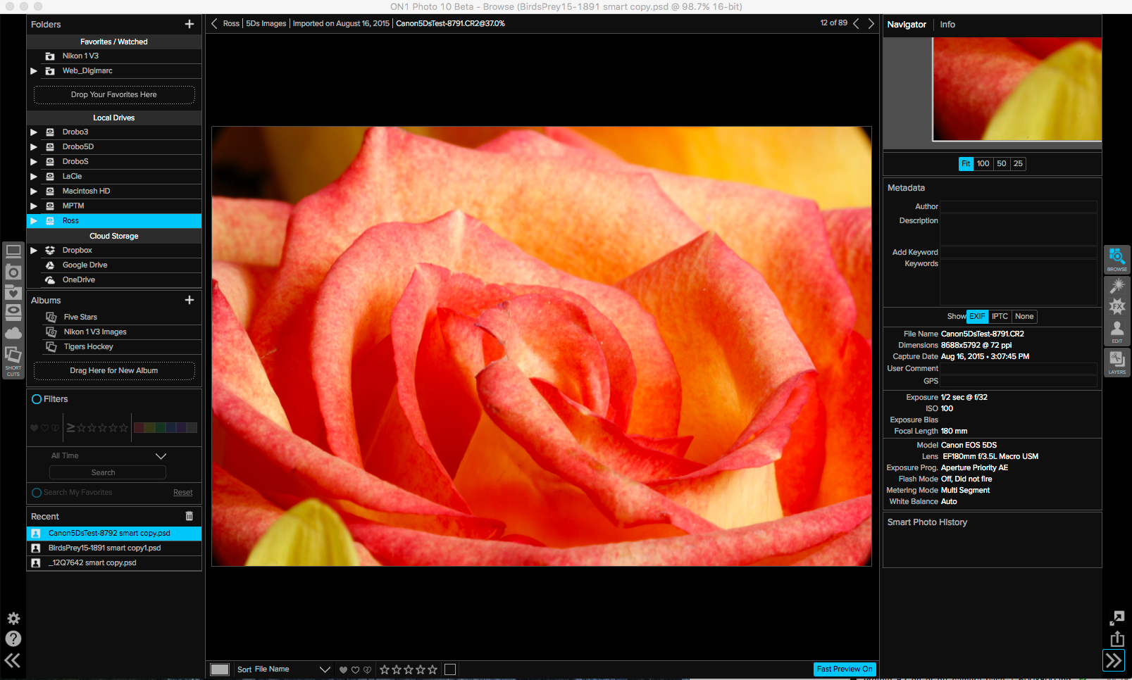 Double click an image to make it full screen. Note the metadata in the right panel