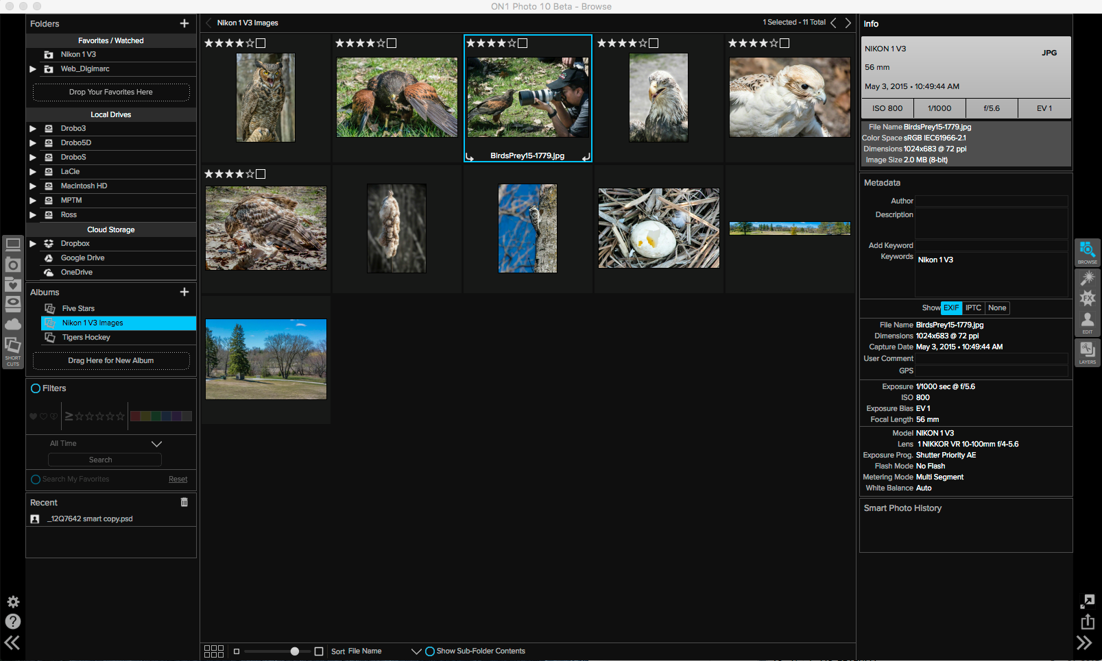 Here you can see the Album service offering both static and Smart Albums. This Smart Album is looking for the keyword Nikon 1 V3