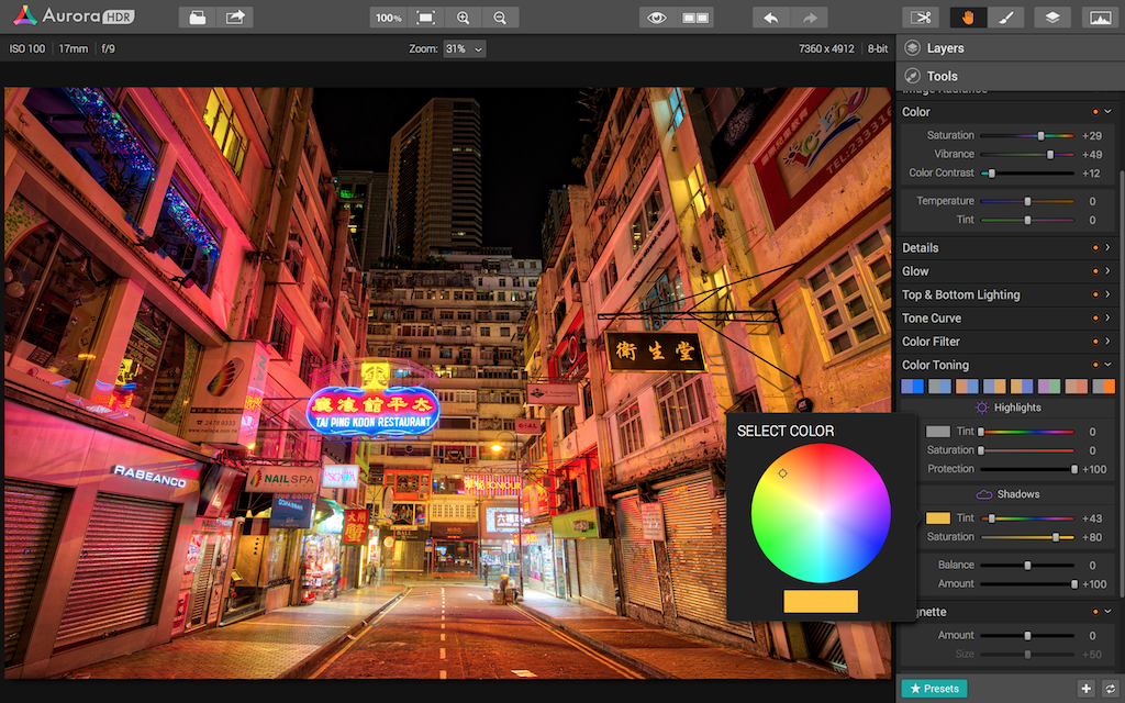 AuroraHDR Colour Selector and Colour Toning : Image Courtesy Macphun