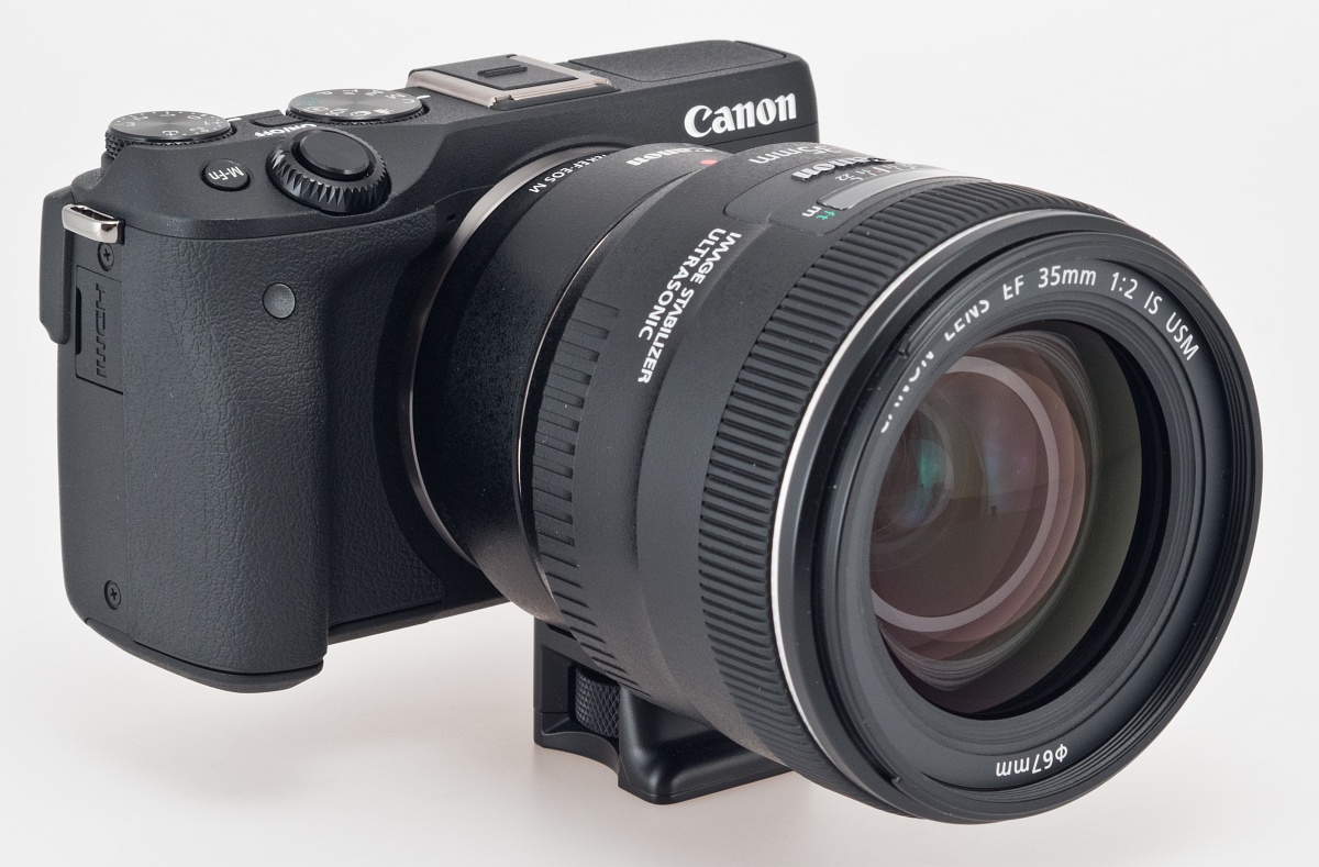 EOS-M3 with the Canon EF/EFS lens mount adapter. The adapter is nice and compact and worked well. The small tripod foot is a necessity if using longer EF glass on a tripod.