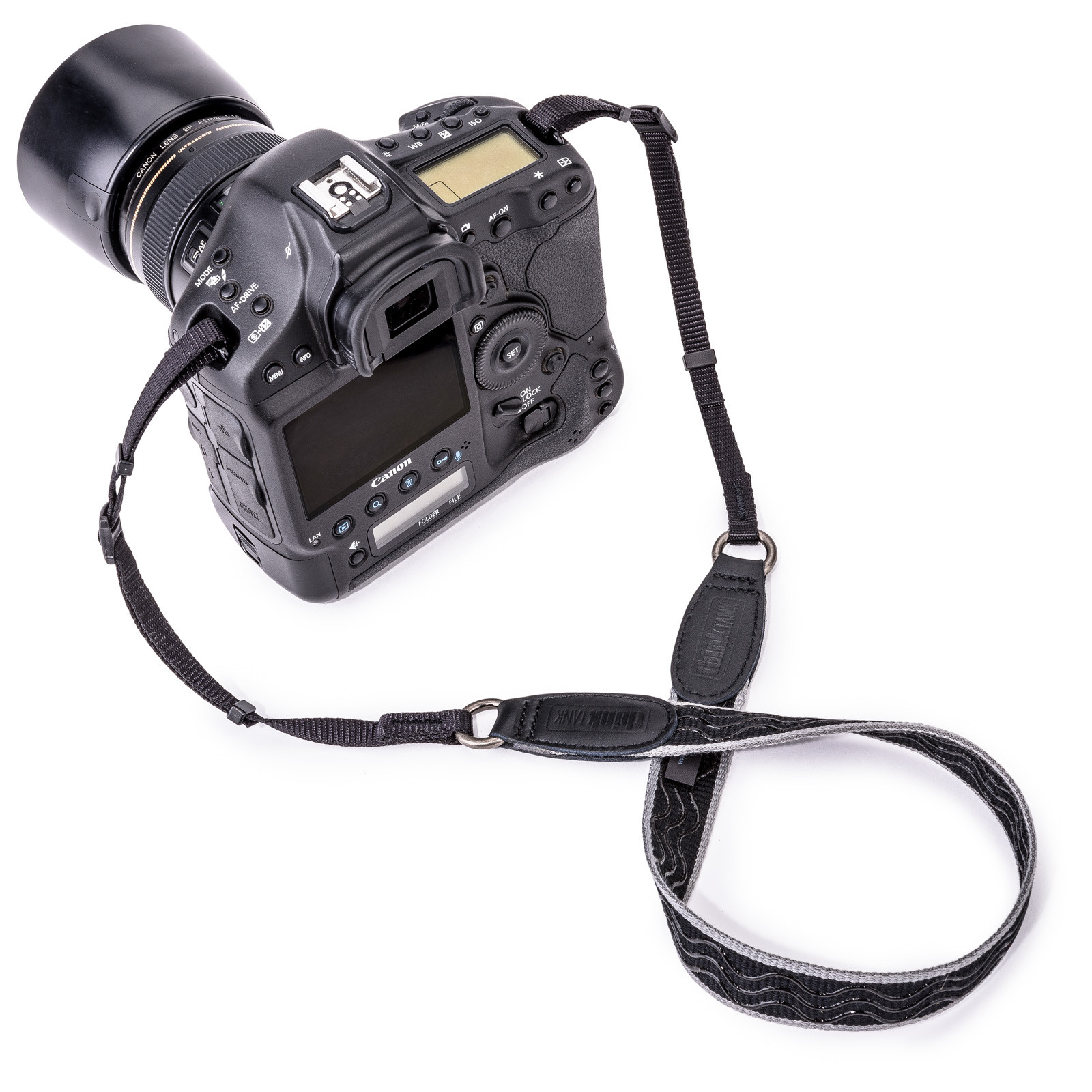 An obtrusive, narrow, non-slip camera strap - that's the goal