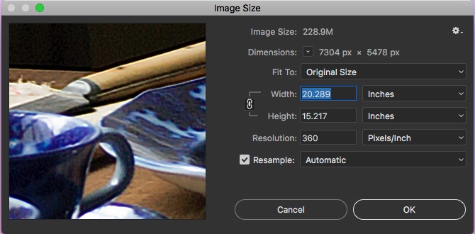 Screen capture of the Photoshop Image Size Dialog. Note that the resolution is measured in PPI which when using the original size yields a native size of 20.289 inches by 15.217 inches. That's the native size, but not a measure of maximum size or minimum for that matter, and that is at a ppi rating of 360ppi