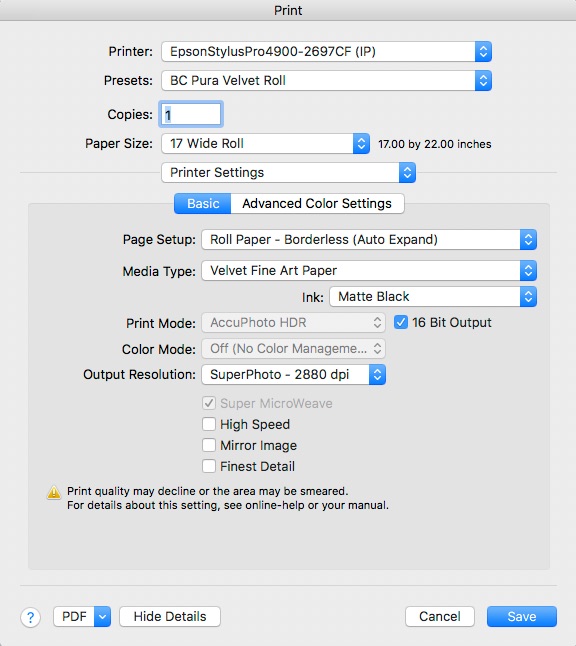 these are the print driver settings and for the first time we see a dpi number and it is 2880dpi because dpi only matters on the print itself. i'm printing on a roll of breathing color pura velvet and have created a preset for it with all the right settings to deliver superb output.
