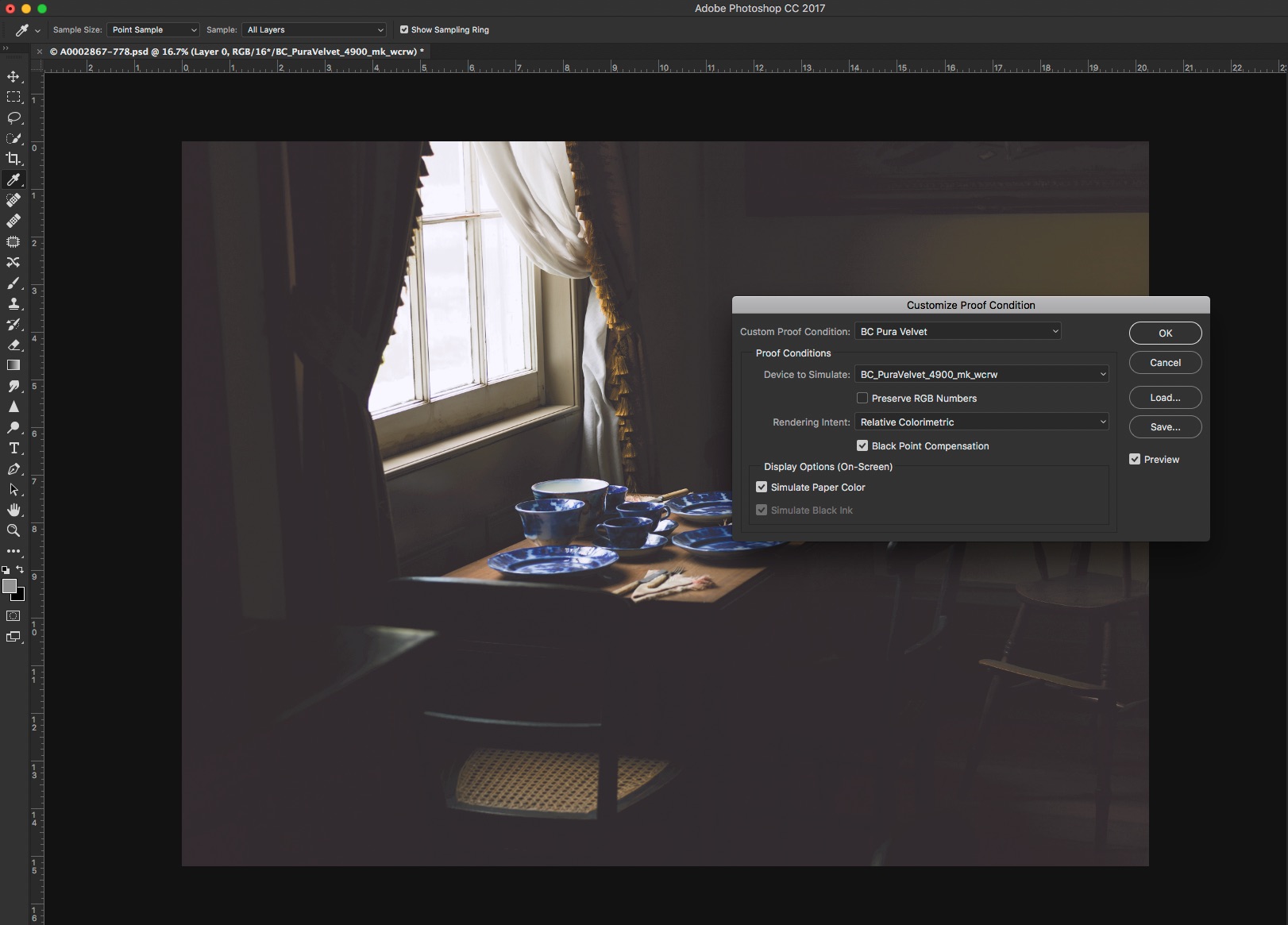 using the proofing function in photoshop to make print specific edits on a copy of the original file to adjust for the reflectance, brightness and texture of the final print. Here I have begun creating a custom proof condition for this particular paper. Obviously, i have not yet applied the needed edits to bring the proof to the poiint that i want it to be. for some, this is really tedious. for me, it's integral to my image making process.
