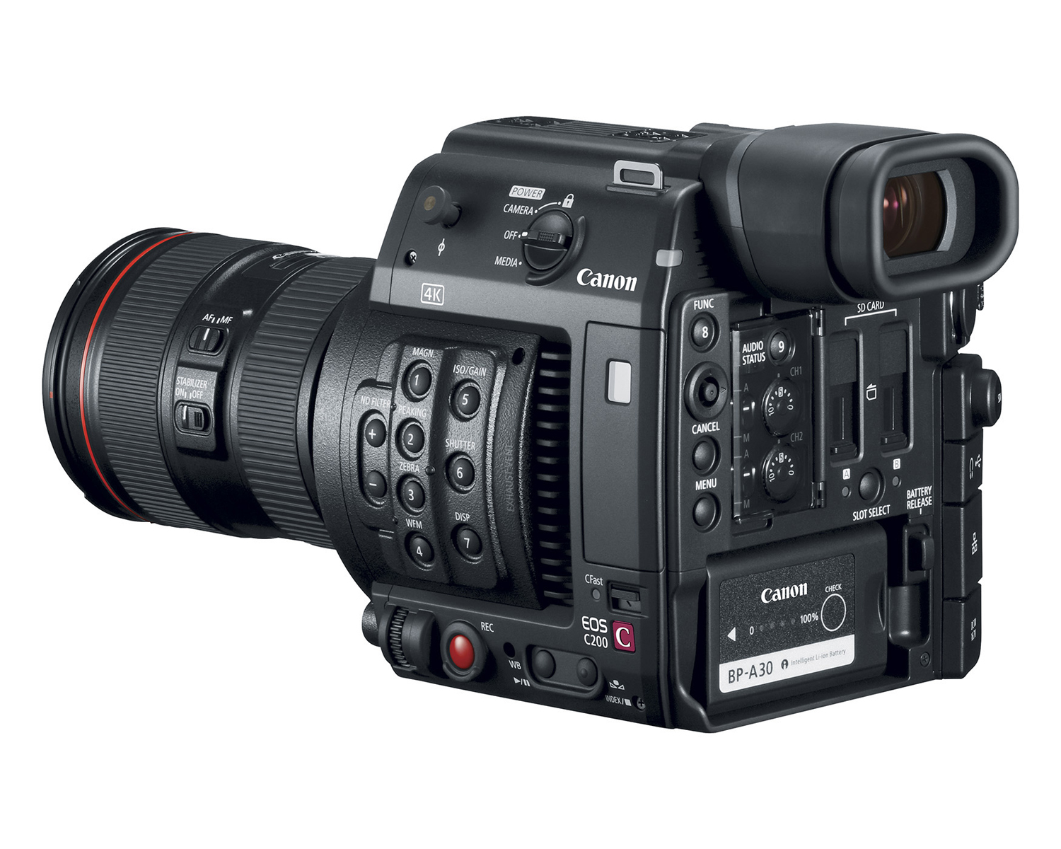 Rear view showing the SD slots on the back, the CFast slot on the left side rear and the audio controls on the back. Note also that there is no status LED panel as on the C300 series.