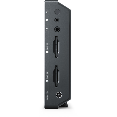 Dual SDXC UHS-II card slots, power in, headphone out