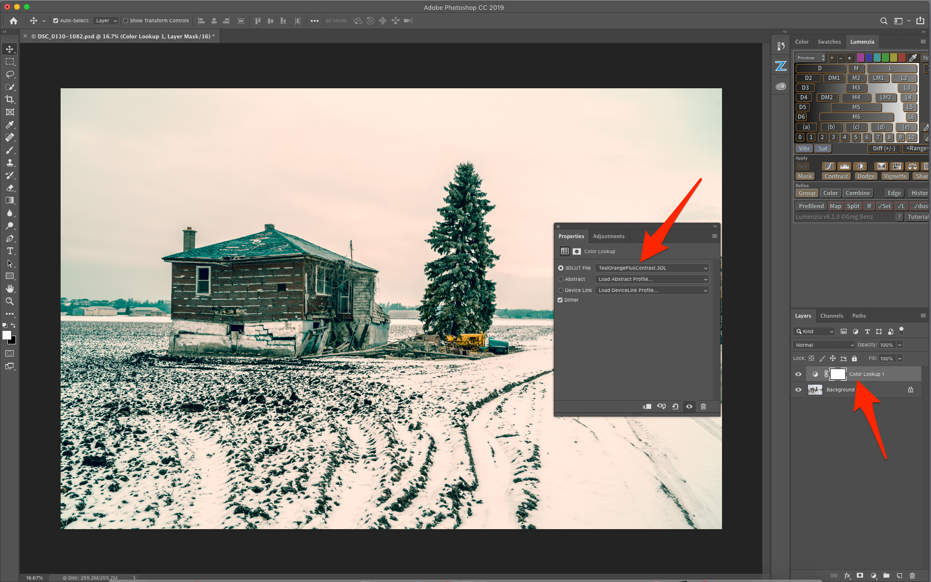 Screenshot of Photoshop with a Color Lookup Adjustment Layer applying a LUT, in this case the boring and way overused orange and teal LUT included with Photoshop. And everywhere else. It’s a simple LUT that applies an orange tint to highlights and a teal tint to shadows. Was probably sort of interesting the first few times, but it is so overdone now, don’t bother.