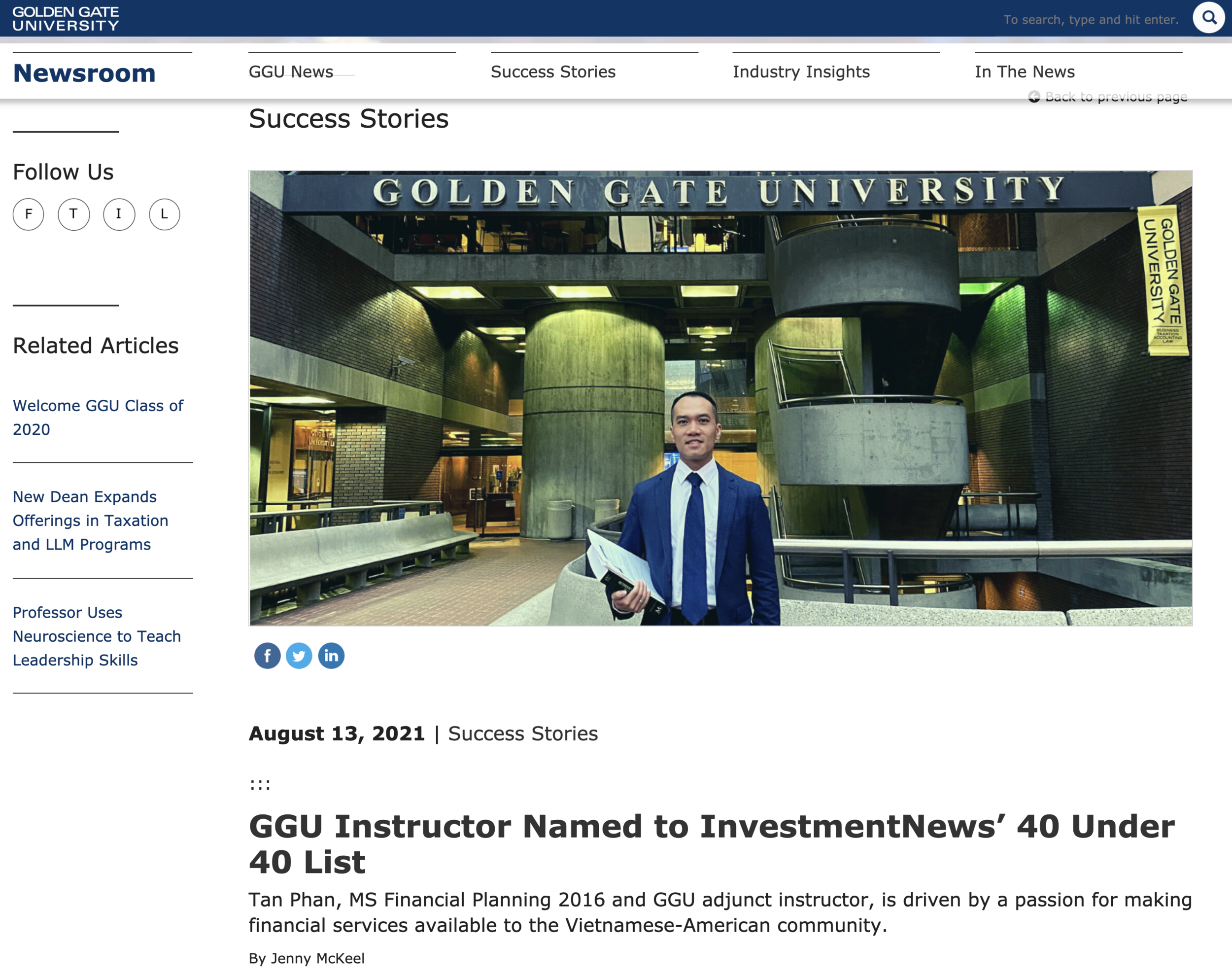 Golden Gate University Feature - InvestmentNews 40 Under 40