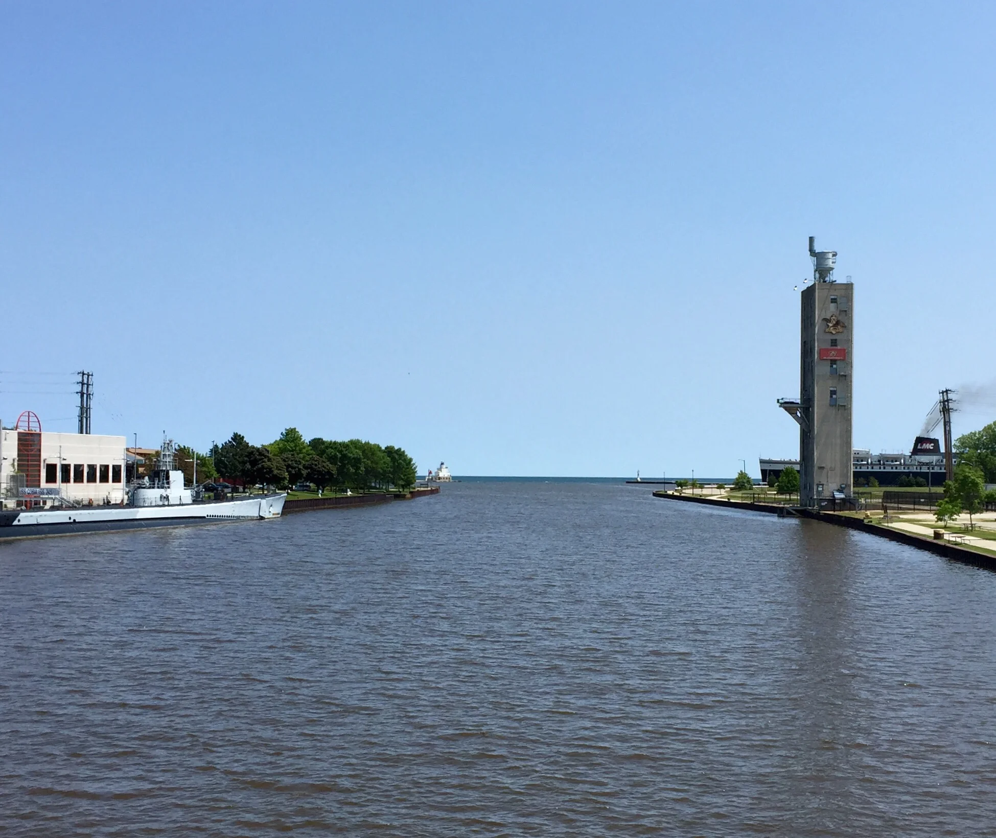  Looking out into Lake Michigan with the submarine to the left and the ferry to the right.