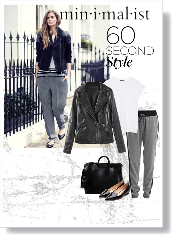 Jacket: 65 CAD BLACKFIVE.COM Sweat pants: 40 CAD VILA.COM White shirt: 280 CAD NET-A-PORTER .COM Purse: 240 CAD YOOX.COM Shoes: 985 CAD RUPERTSANDERSON .COM