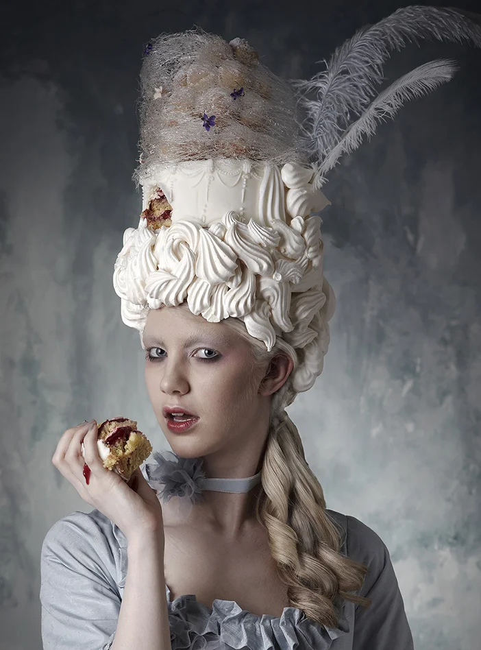 Marie Antoinette's edible headdress ; meringue, filled dacquoise (sponge cake), croquembouche, spun sugar. 
