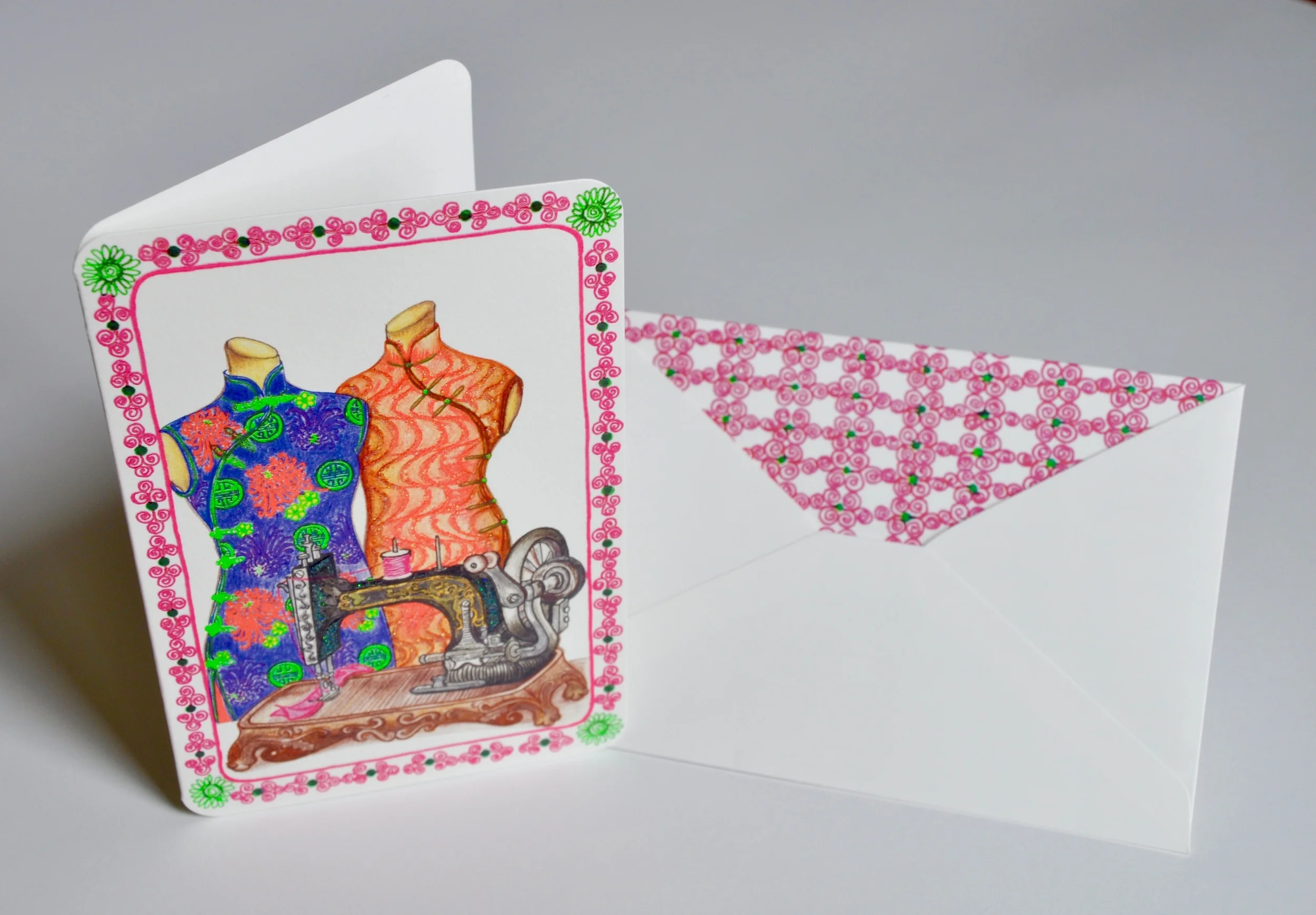 Seamstress with Envelope Greeting Card by Ningshu Fang Shanghai Dragonfly