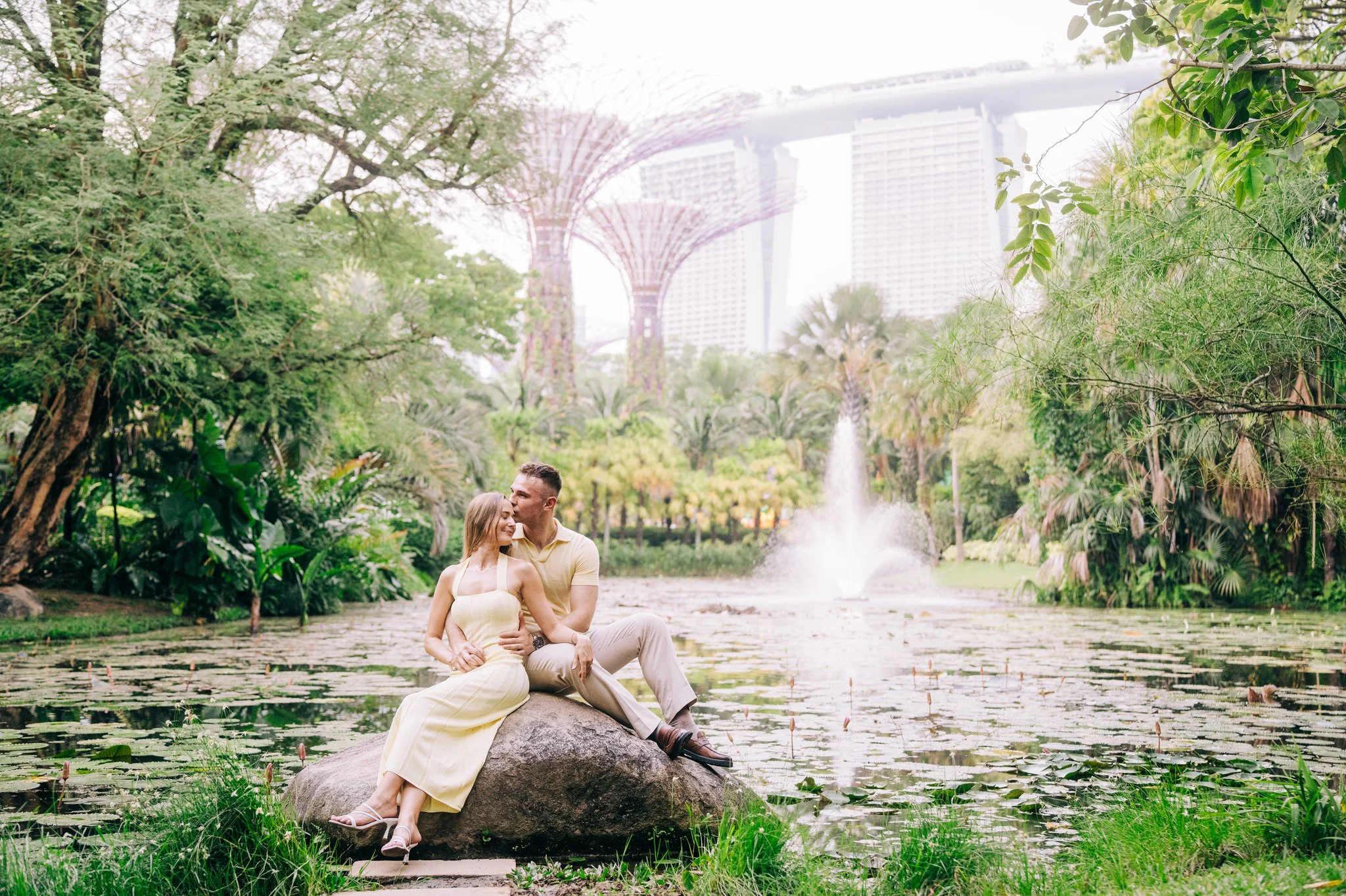 Couple Photoshoot at Gardens By The Bay overlooking Marina Bay Sands.