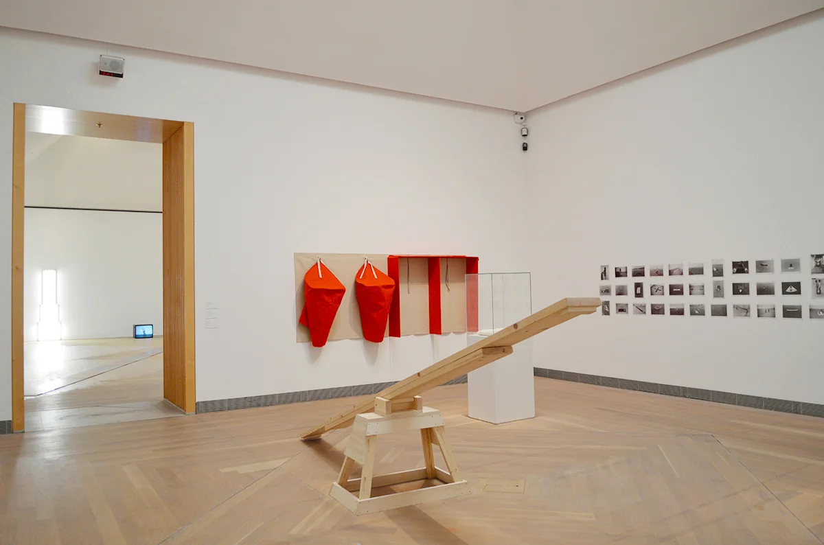 “The whole structure of plank and performers rests on one point. Any change in the arrangement of body parts, the slightest change of position by either performer, affects the balance of the entire setup.” — Simone Forti The use of plywood props as in See-Saw (1961) and Slant Board (1961), can be seen as an attempt to renegotiate the traditional horizontal stage and its relationship to the body, challenging the very “preconceptions about what constitutes dance, movement, and composition.”(1) In 2015 I was commissioned to restage Simone Forti’s See Saw for the exhibition Objects and Bodies at Rest and in Motion at Moderna Museet, and one of my first questions was how to consider the plywood prop and its relationship to the exhibition space and the other artworks in the exhibition, or how to make it speak when not in use? 1. Virginia B. Spivey, “The Minimal Presence of Simone Forti” in Women’s Art Journal , Vol. 30, No. 1 (Spring/Summer 2009) p. 7 Link to preview Password: Simone Forti Malmö