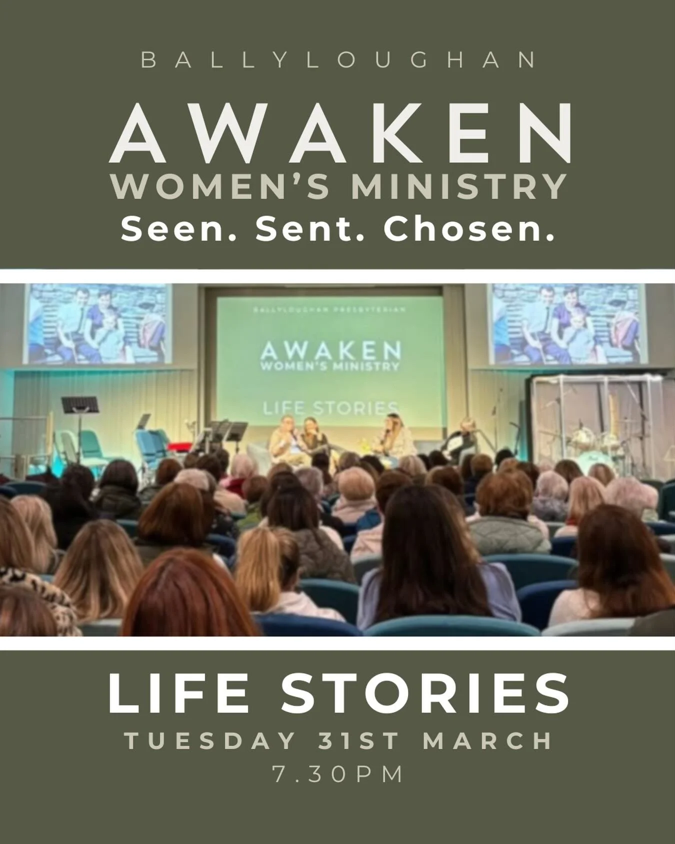 Life Stories: a relaxed evening for women of all ages, as we hear from women from Ballyloughan of various ages and stages, about how God has been at work in their lives. 

All welcome on Tuesday 31st March at 7.30pm, followed by dessert.