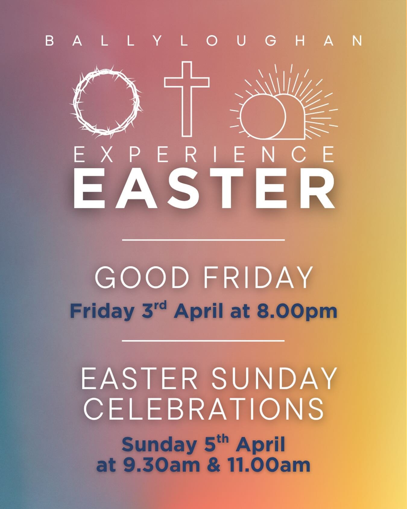 Good Friday Service 
Friday 3rd April at 8.00pm
Join us for a very special reflective service when
through music, readings and more we reflect on the
events and meaning of Good Friday.

Easter Sunday Celebrations
Sunday 5th April at 9.30am &amp; 11.0